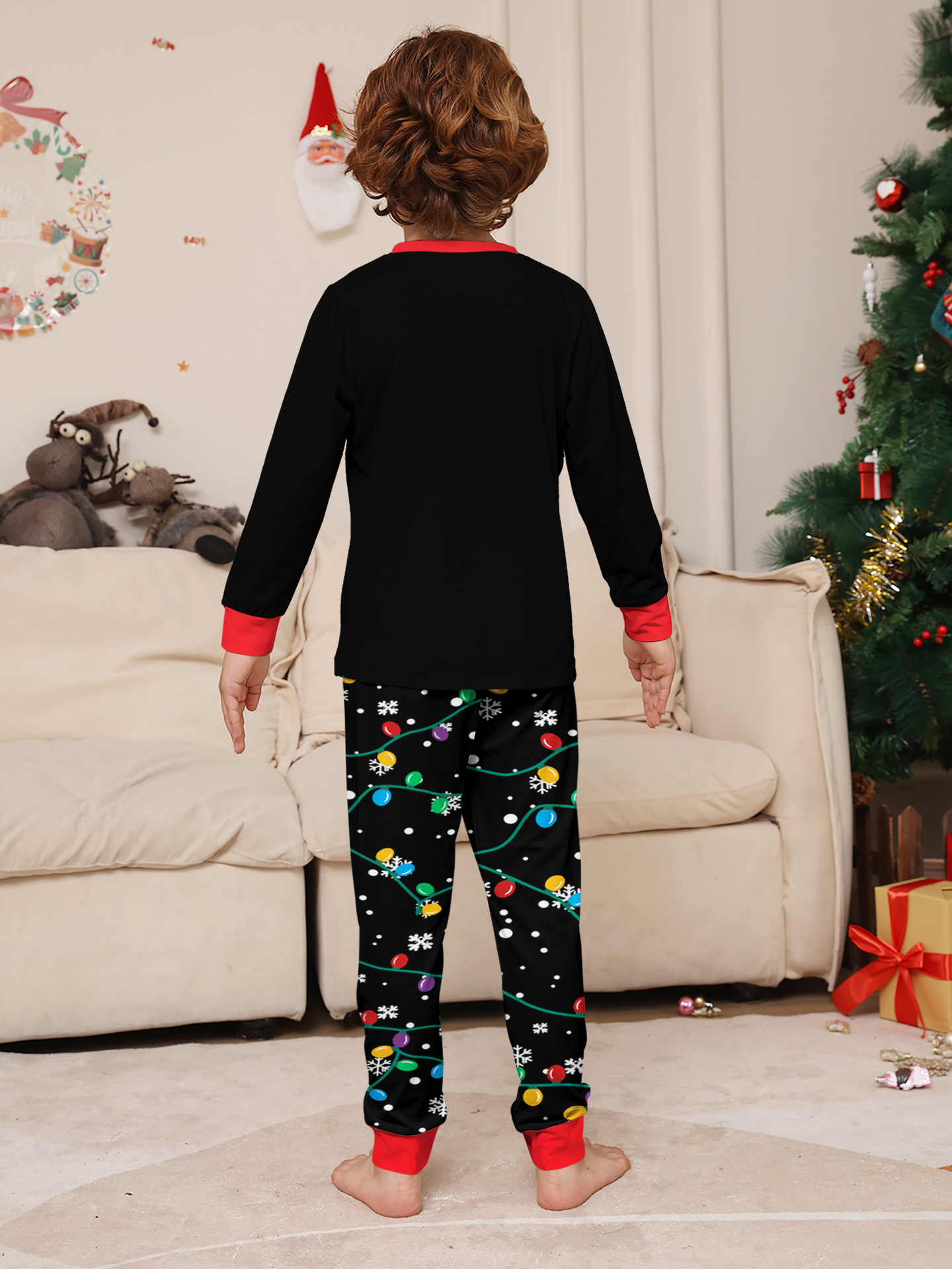 Black Santa & Colorful Fairy Lights Family Matching Pajamas