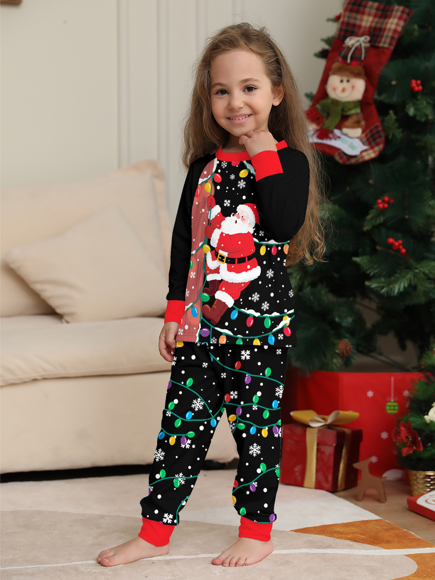 Black Santa & Colorful Fairy Lights Family Matching Pajamas