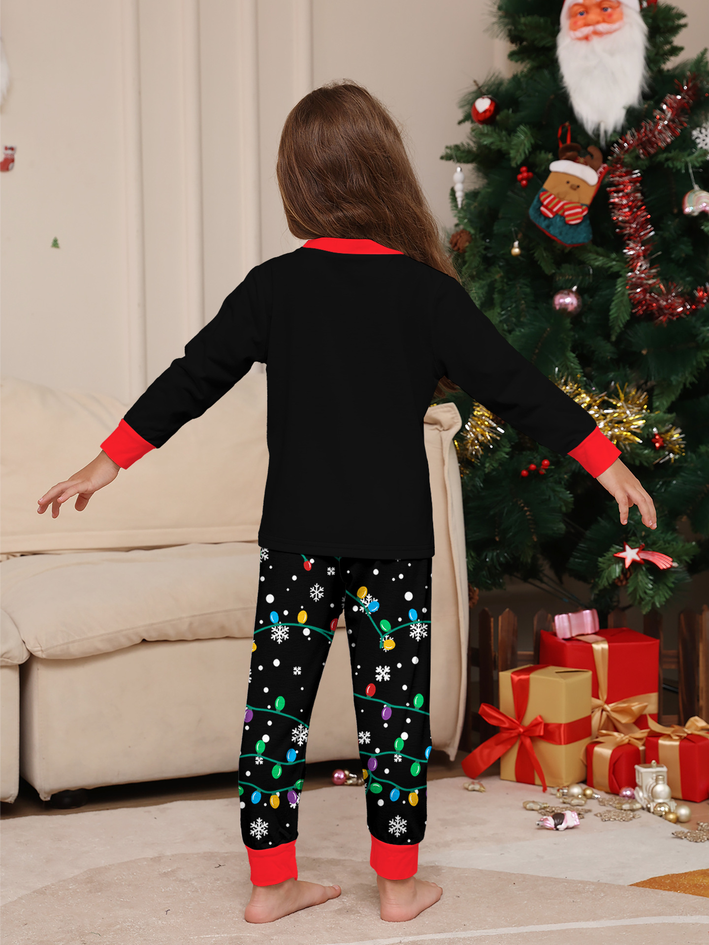 Black Santa & Colorful Fairy Lights Family Matching Pajamas