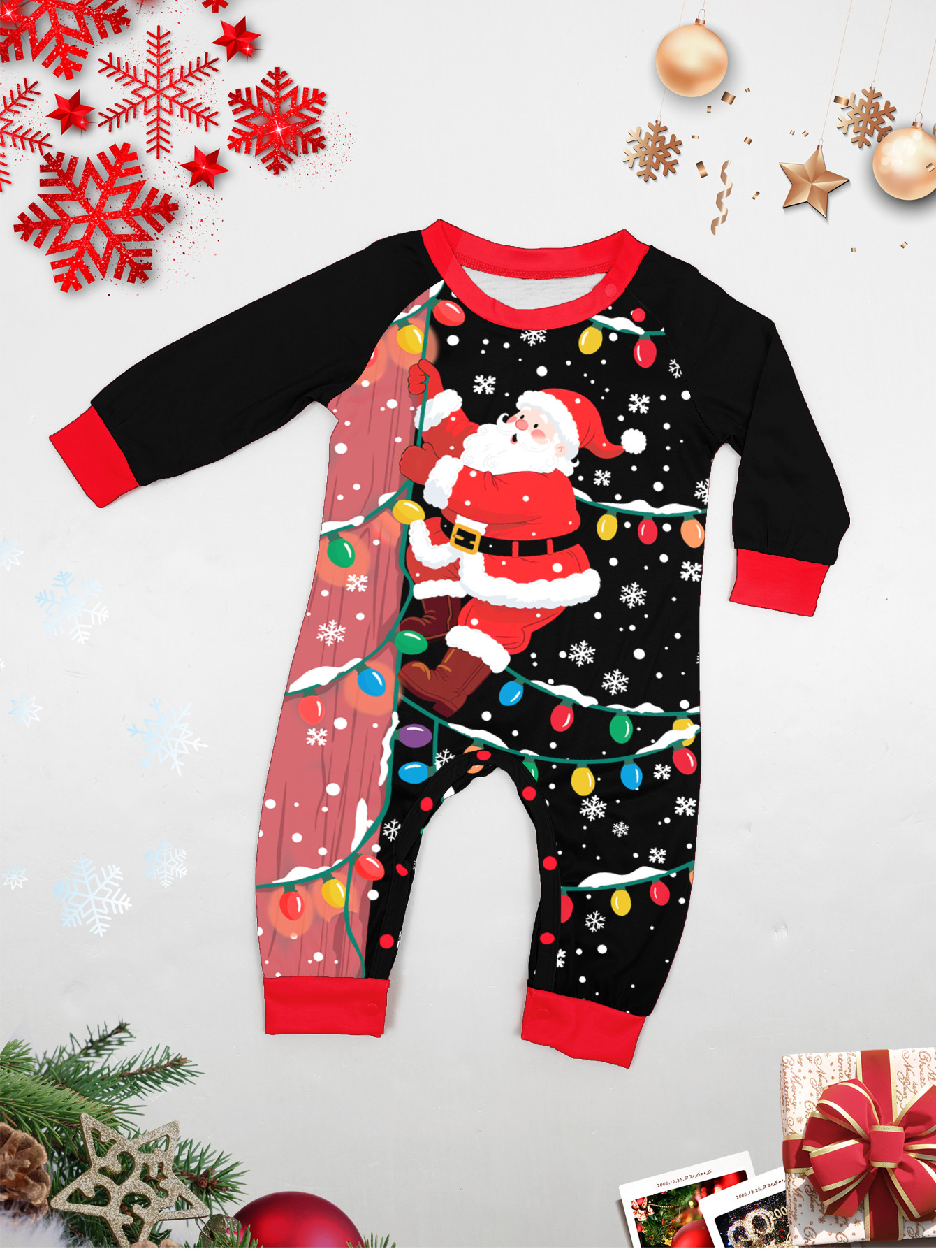 Black Santa & Colorful Fairy Lights Family Matching Pajamas