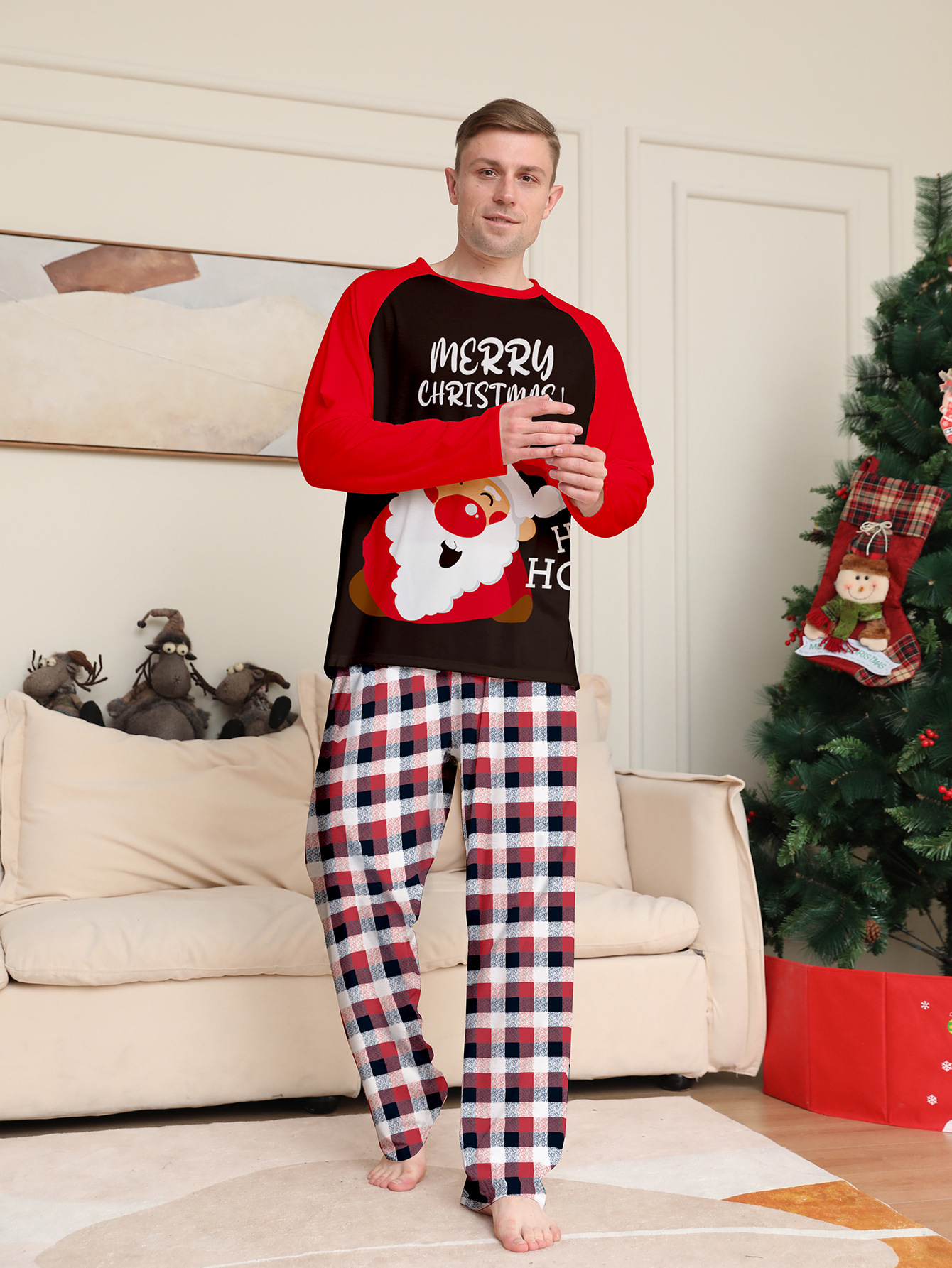 Raglan Santa Buffalo Plaid Family Matching Pajamas