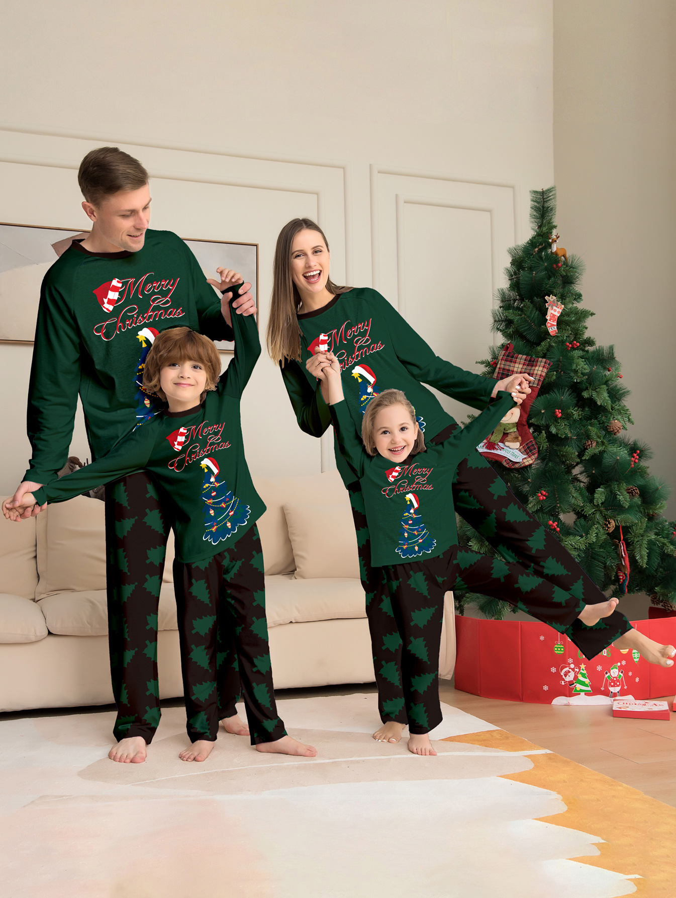 Dark‑Green Christmas Tree Full‑Print Family Matching Pajamas