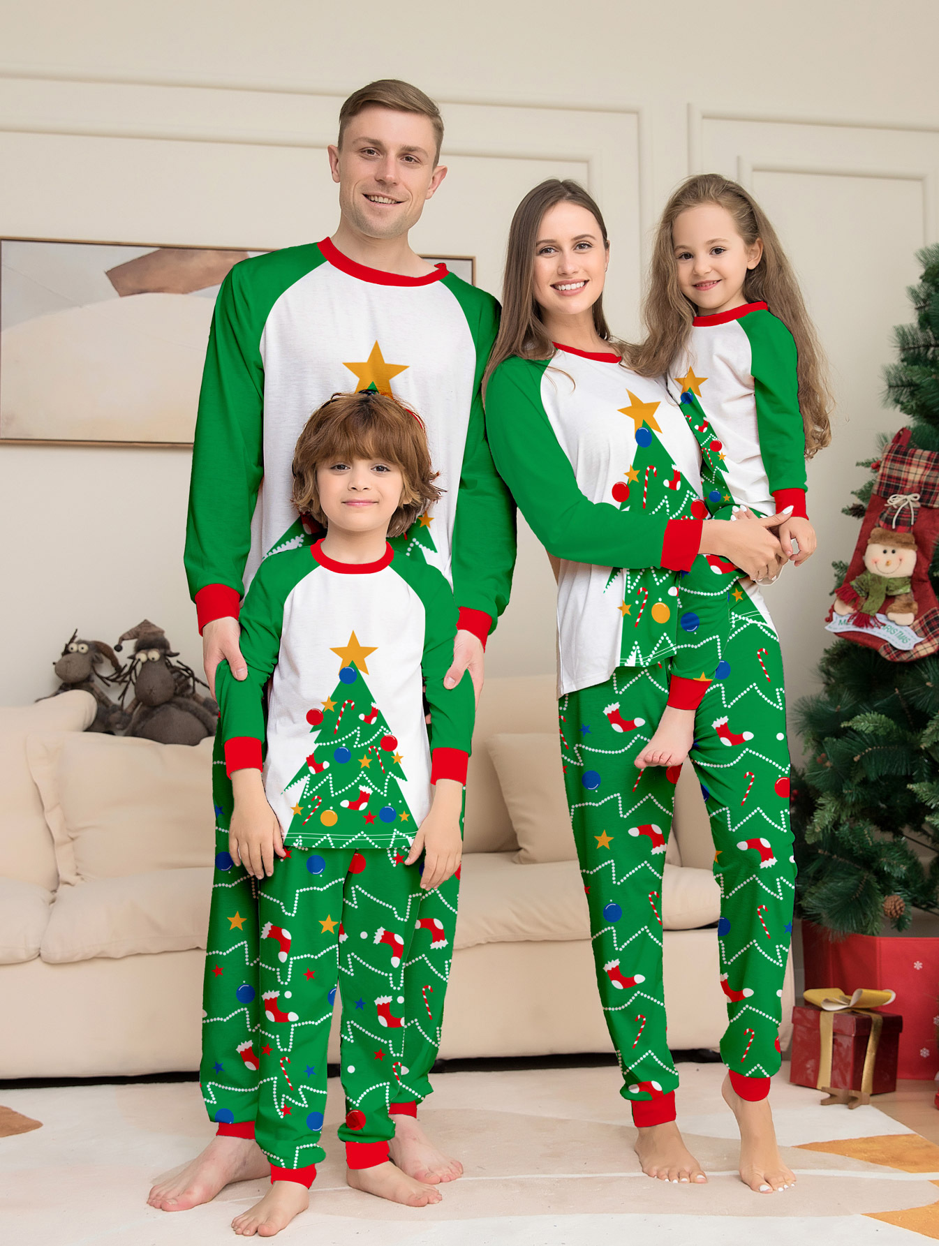 Raglan Color‑Block Christmas Tree Family Matching Pajamas