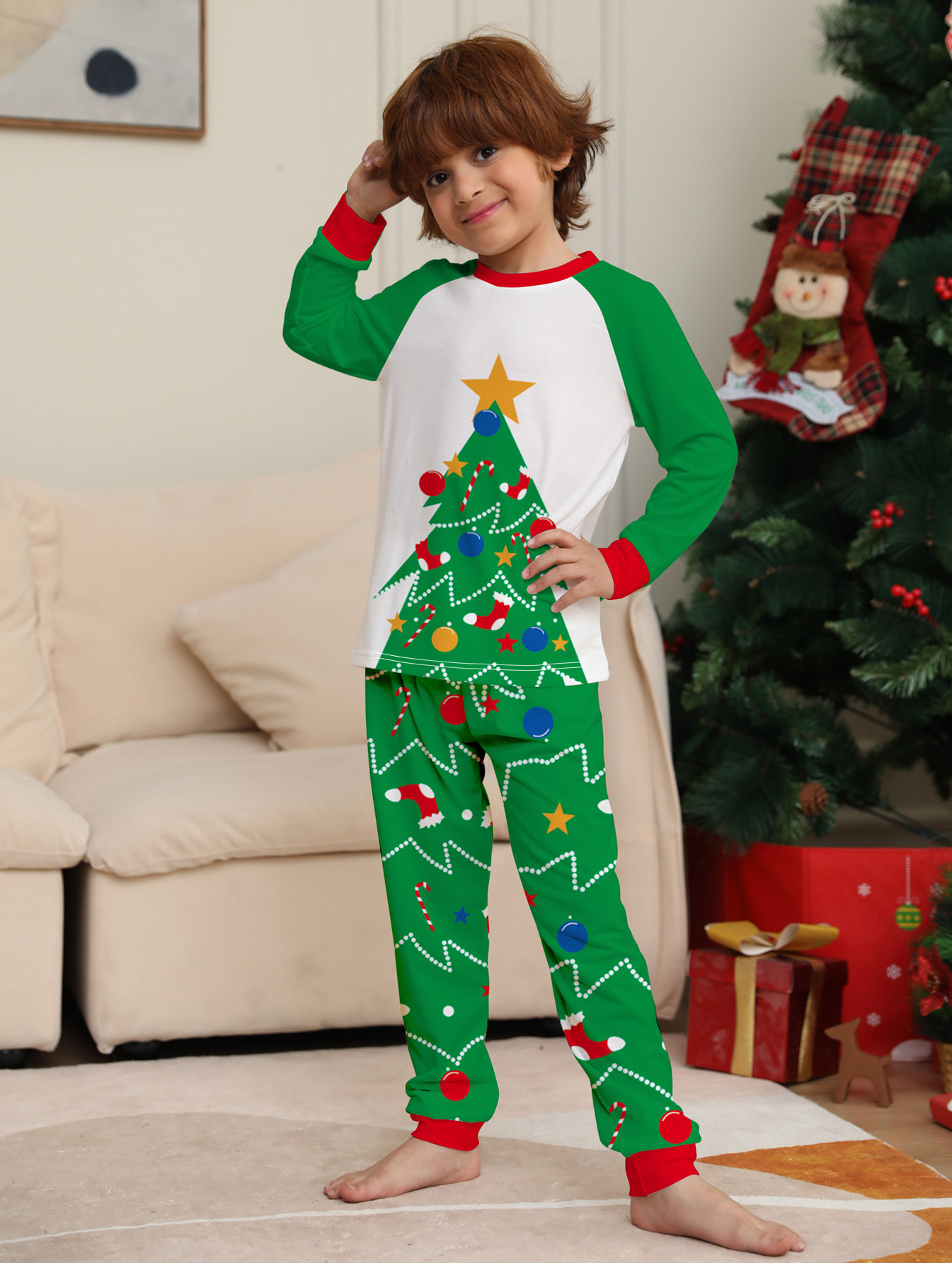 Raglan Color‑Block Christmas Tree Family Matching Pajamas