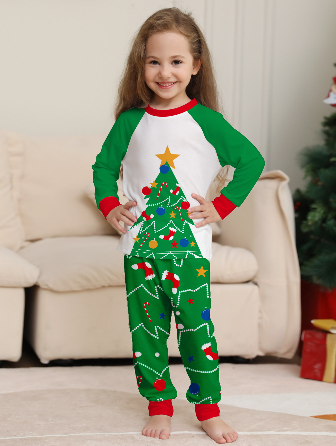 Raglan Color‑Block Christmas Tree Family Matching Pajamas