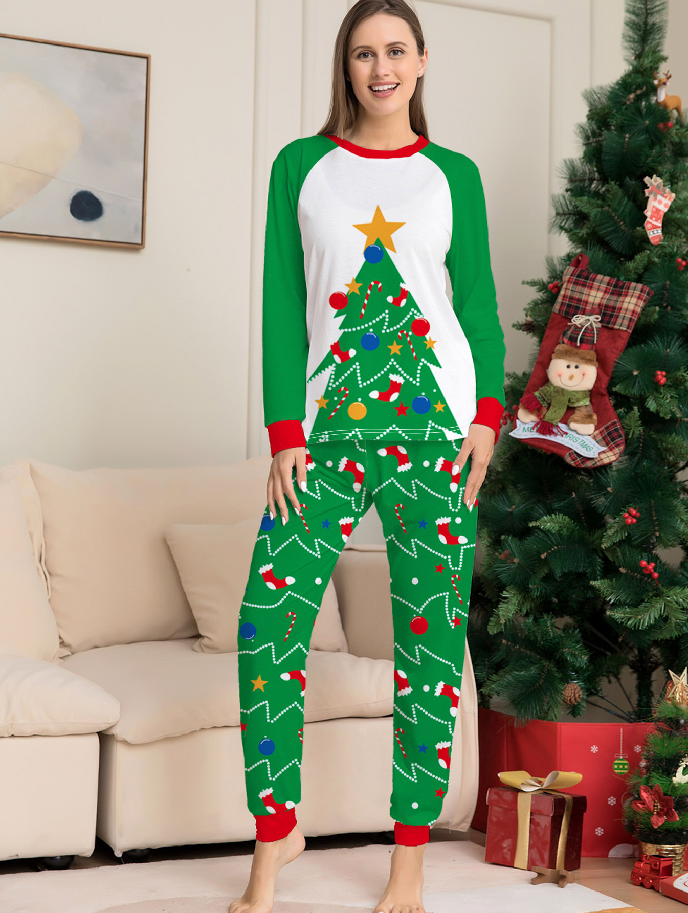 Raglan Color‑Block Christmas Tree Family Matching Pajamas