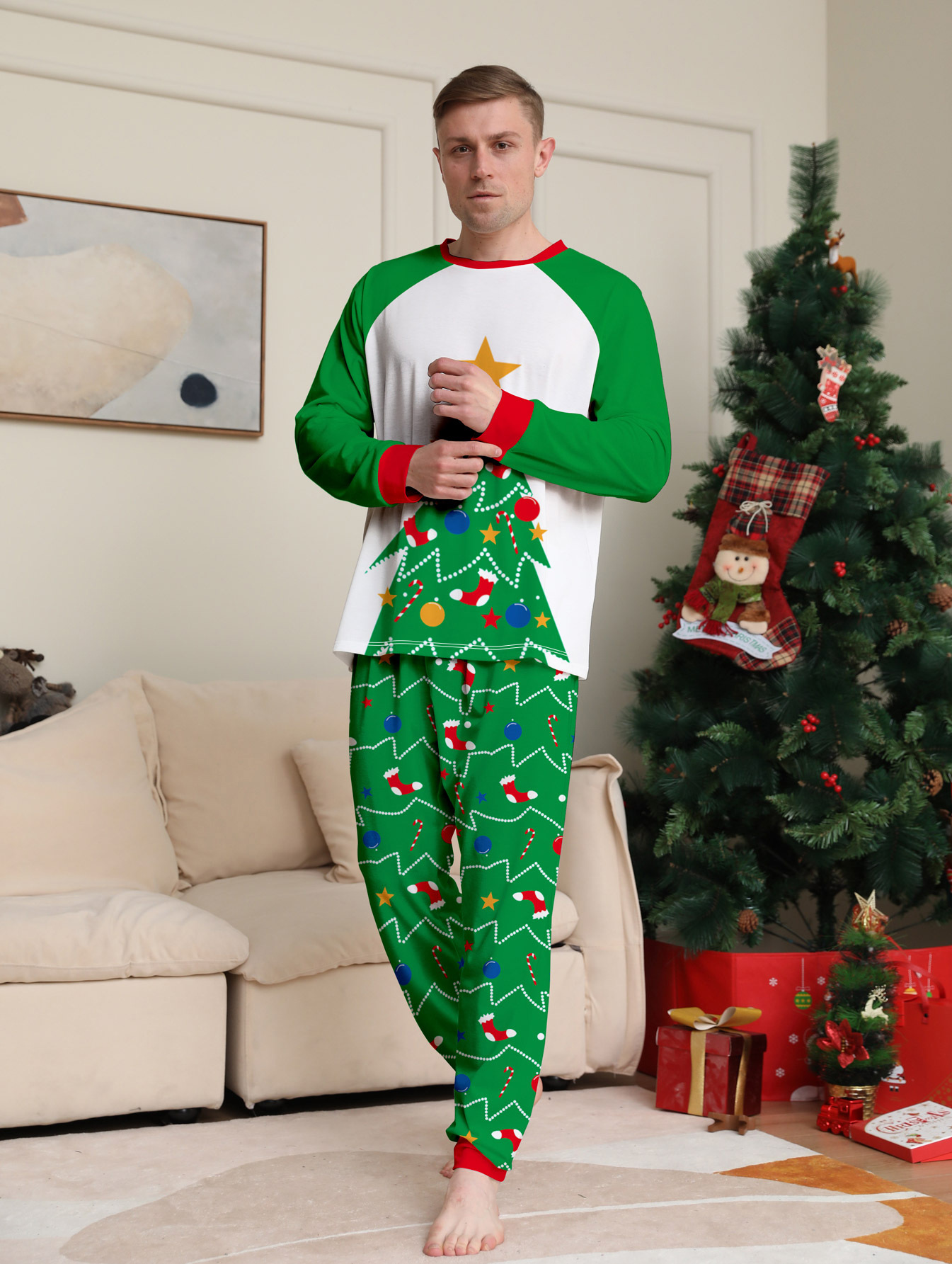 Raglan Color‑Block Christmas Tree Family Matching Pajamas