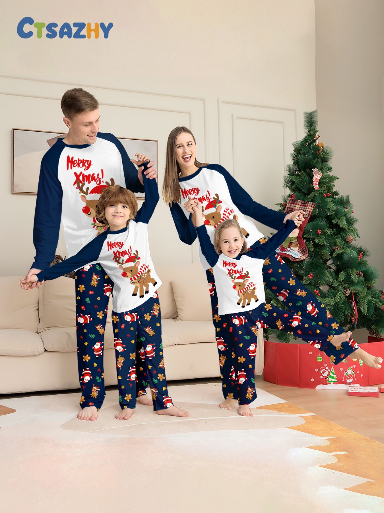 Navy Raglan Reindeer Santa Full‑Print Family Pajamas