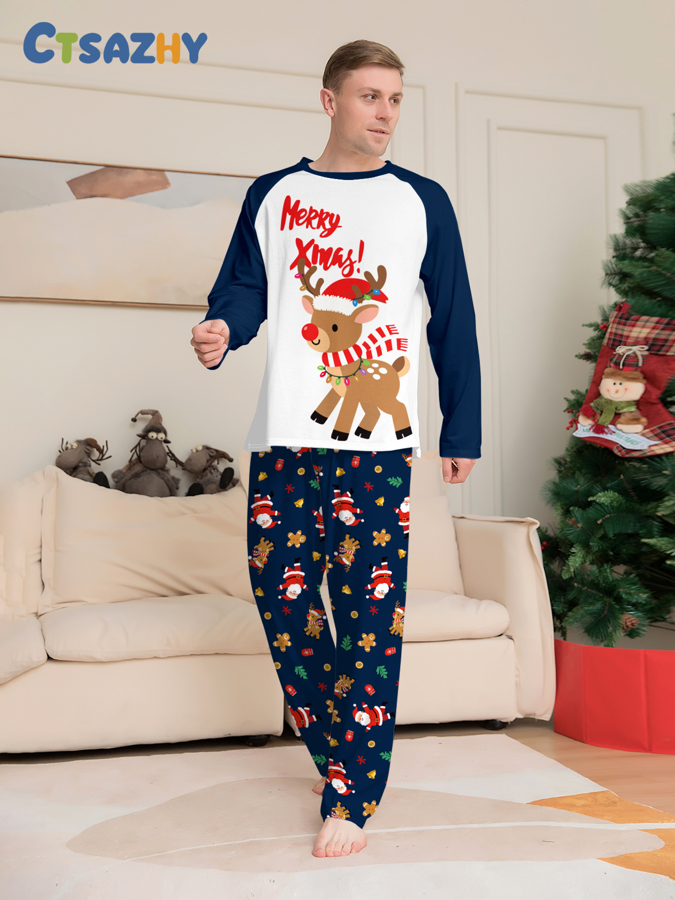 Navy Raglan Reindeer Santa Full‑Print Family Pajamas