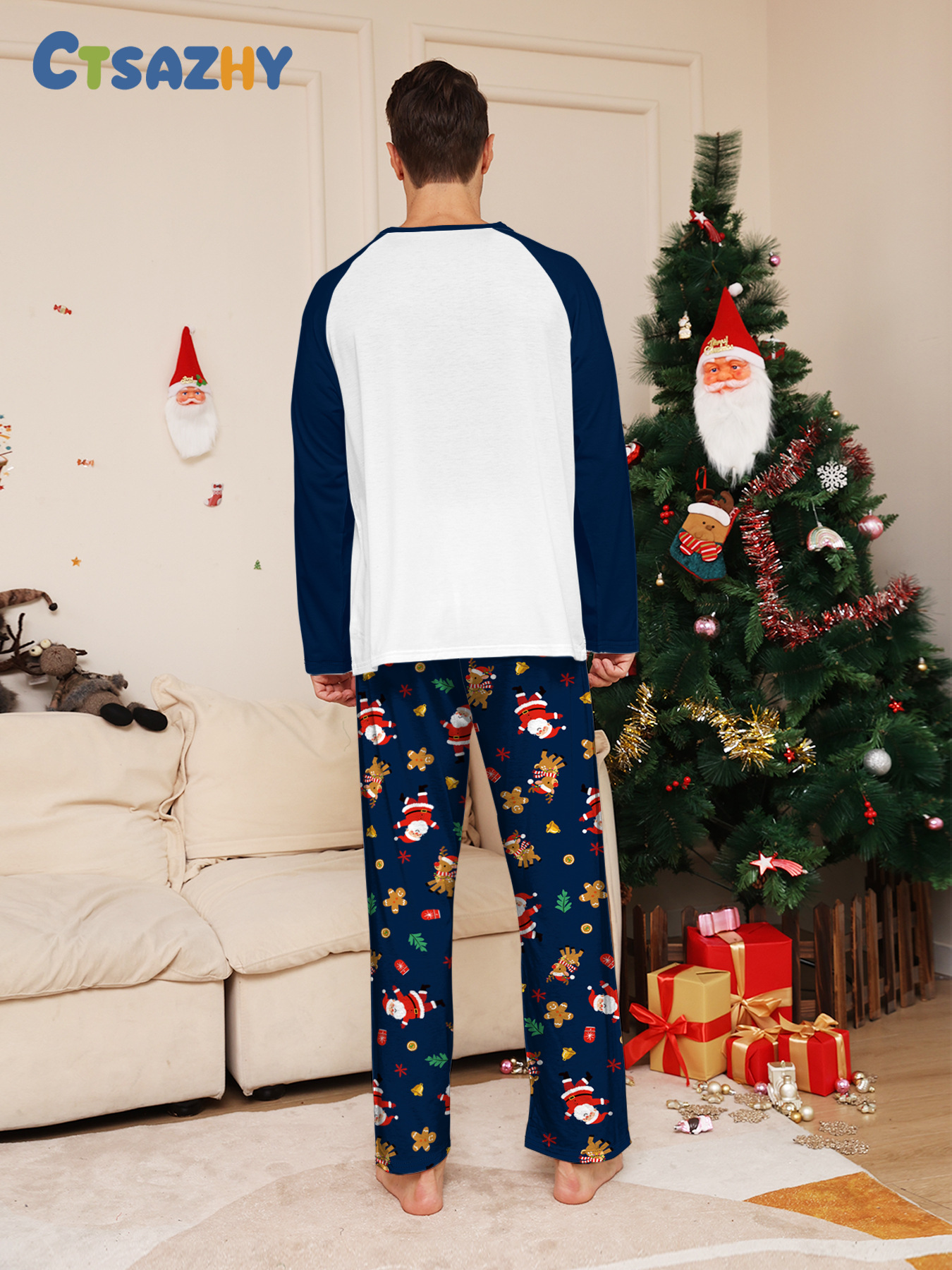 Navy Raglan Reindeer Santa Full‑Print Family Pajamas