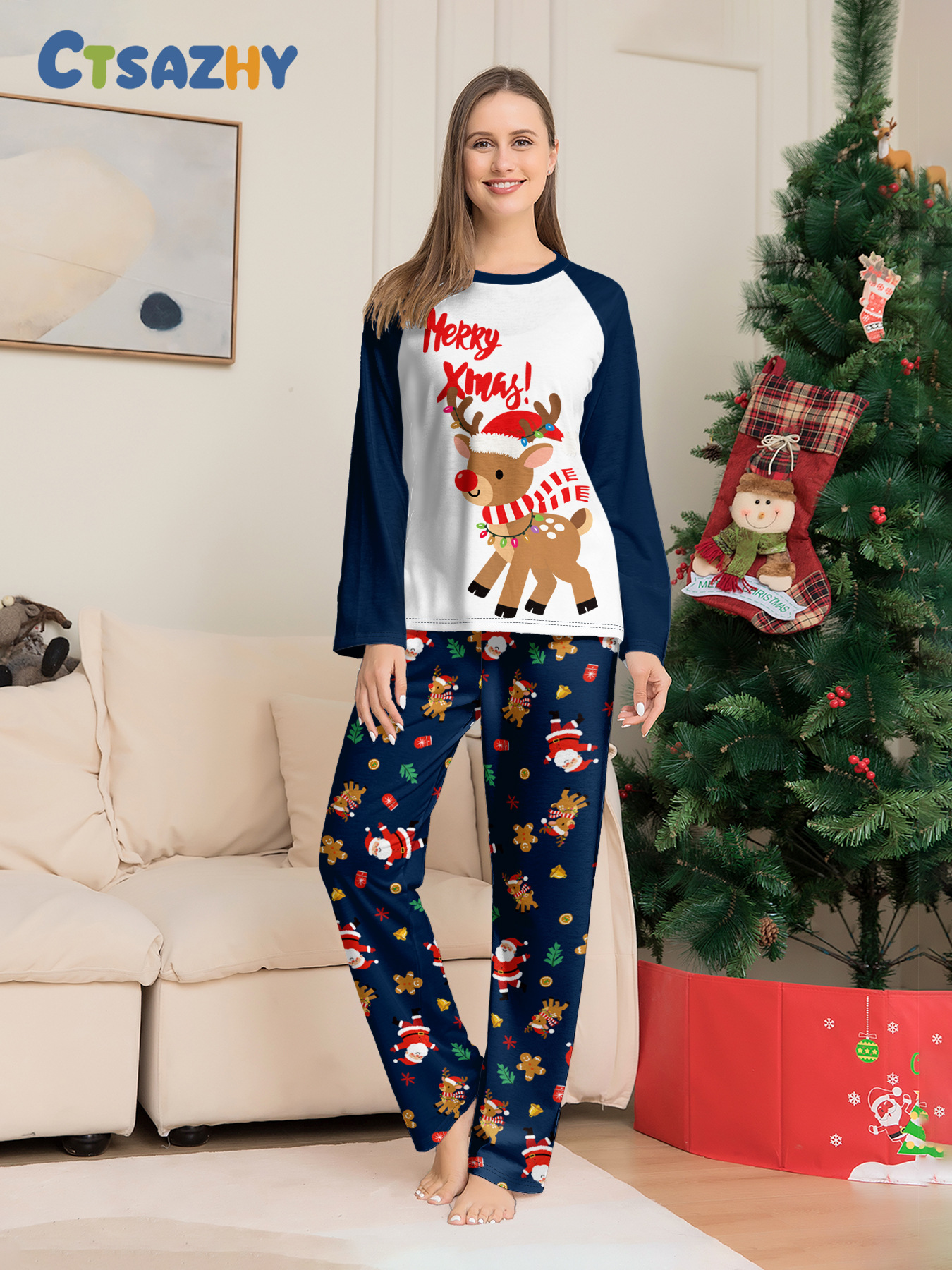 Navy Raglan Reindeer Santa Full‑Print Family Pajamas