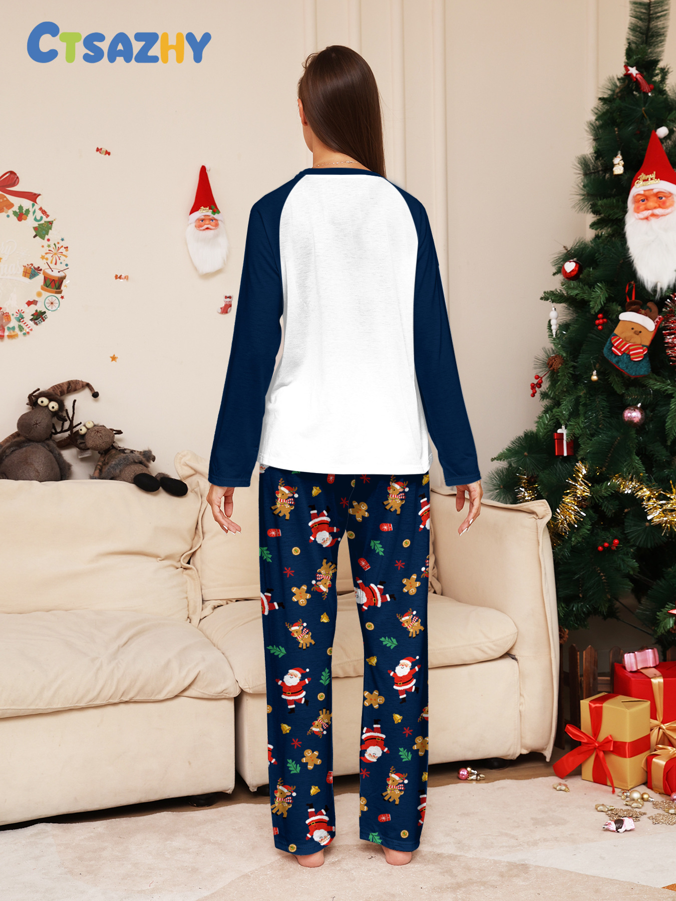Navy Raglan Reindeer Santa Full‑Print Family Pajamas