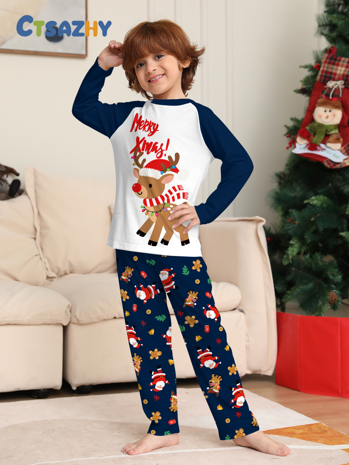 Navy Raglan Reindeer Santa Full‑Print Family Pajamas