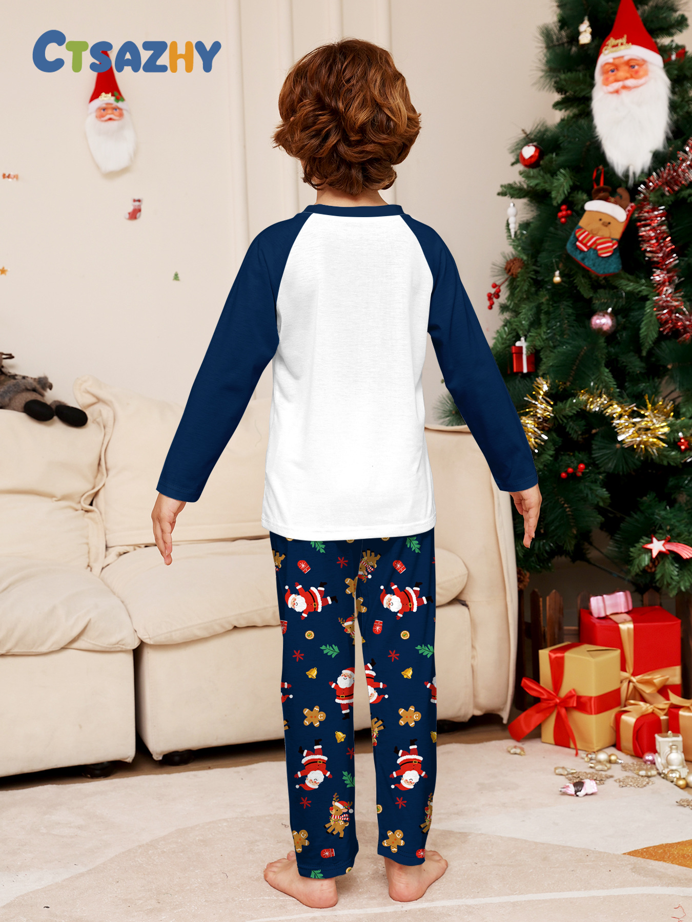 Navy Raglan Reindeer Santa Full‑Print Family Pajamas