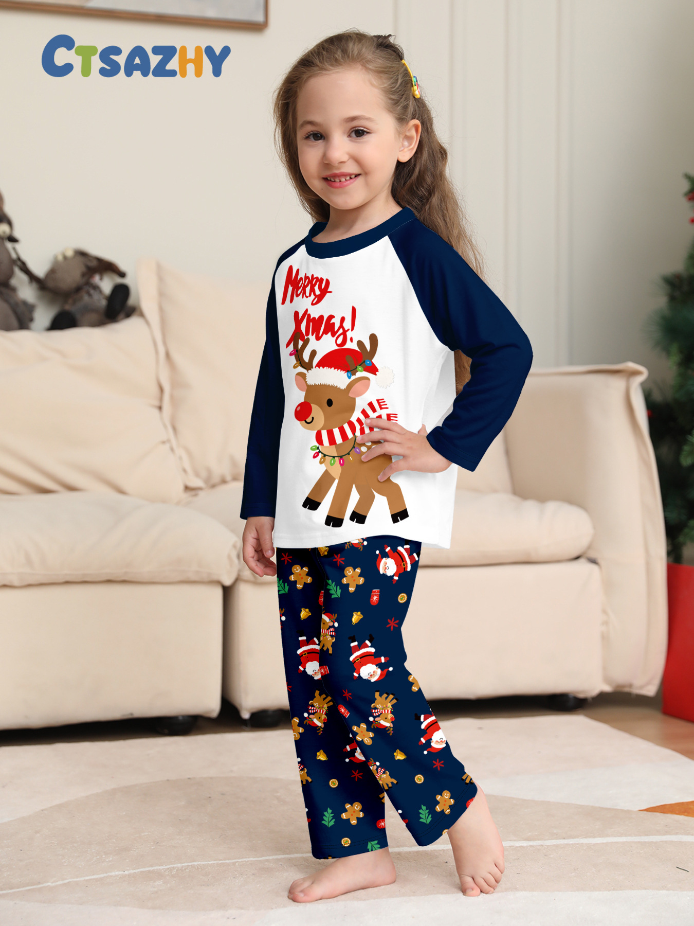 Navy Raglan Reindeer Santa Full‑Print Family Pajamas