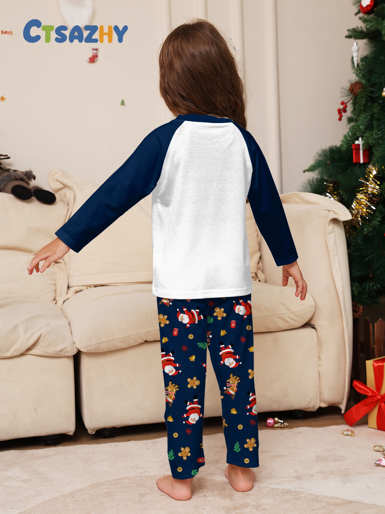 Navy Raglan Reindeer Santa Full‑Print Family Pajamas