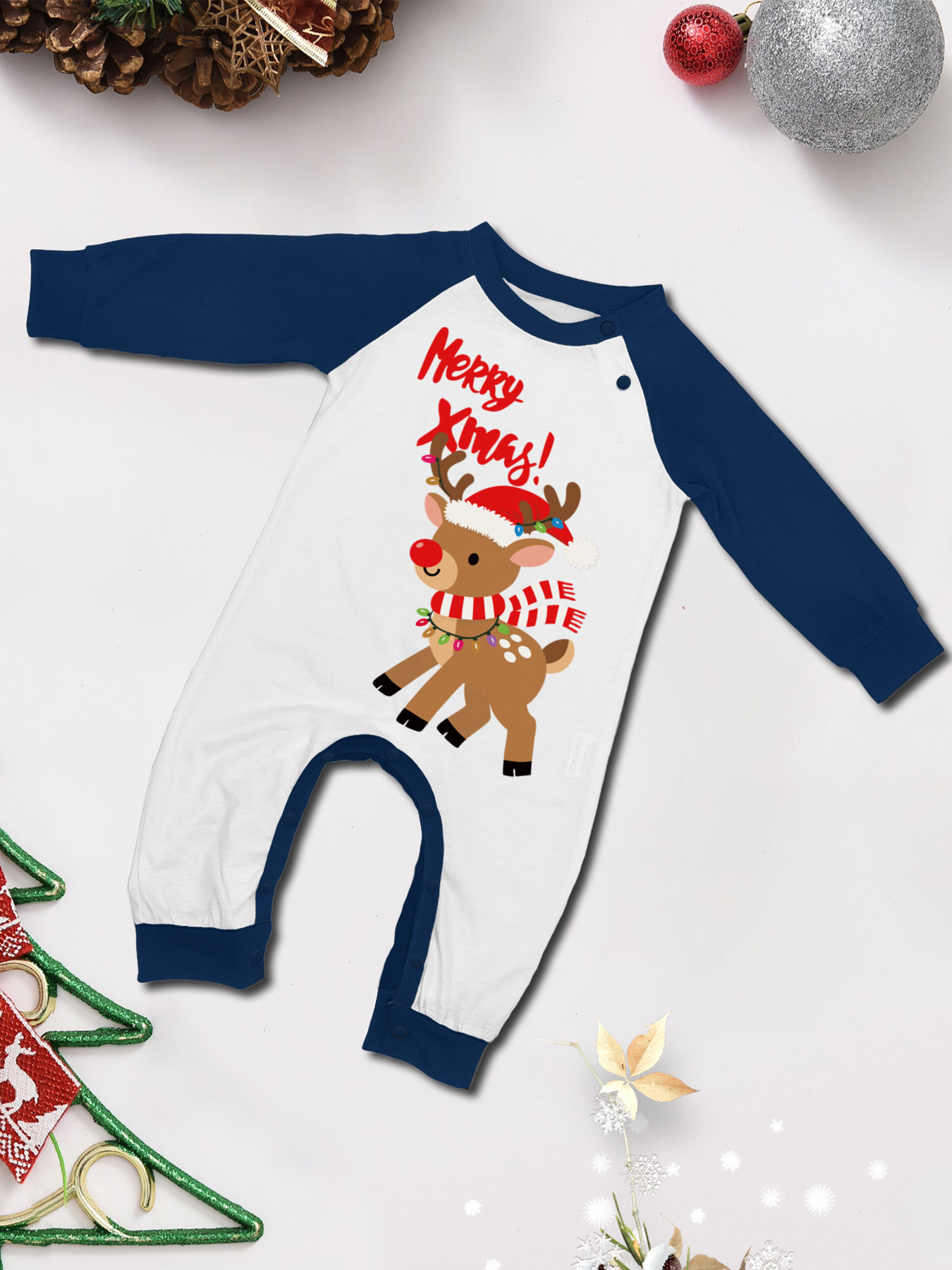 Navy Raglan Reindeer Santa Full‑Print Family Pajamas