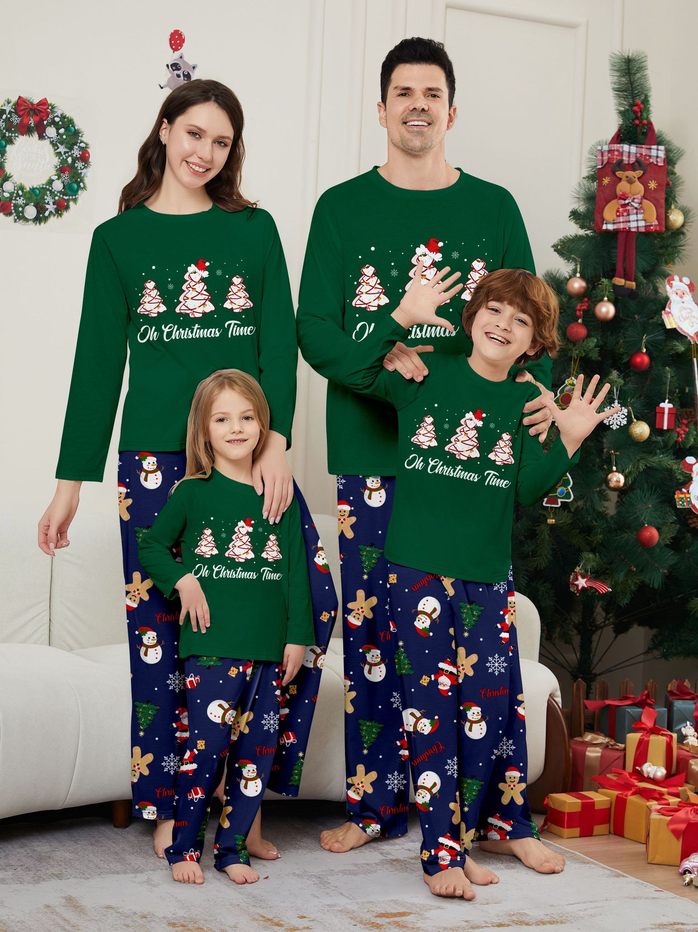 Green Christmas Tree Snowman Family Matching Pajamas