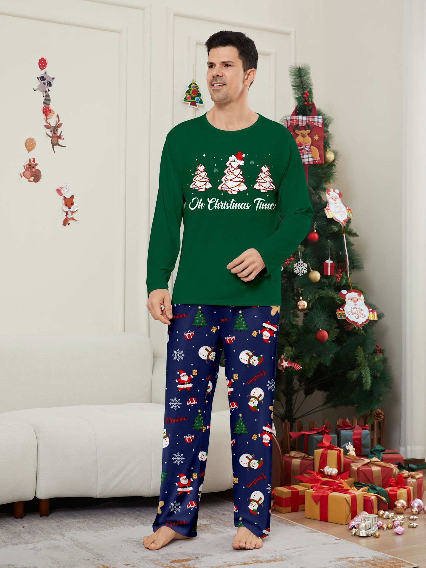 Green Christmas Tree Snowman Family Matching Pajamas