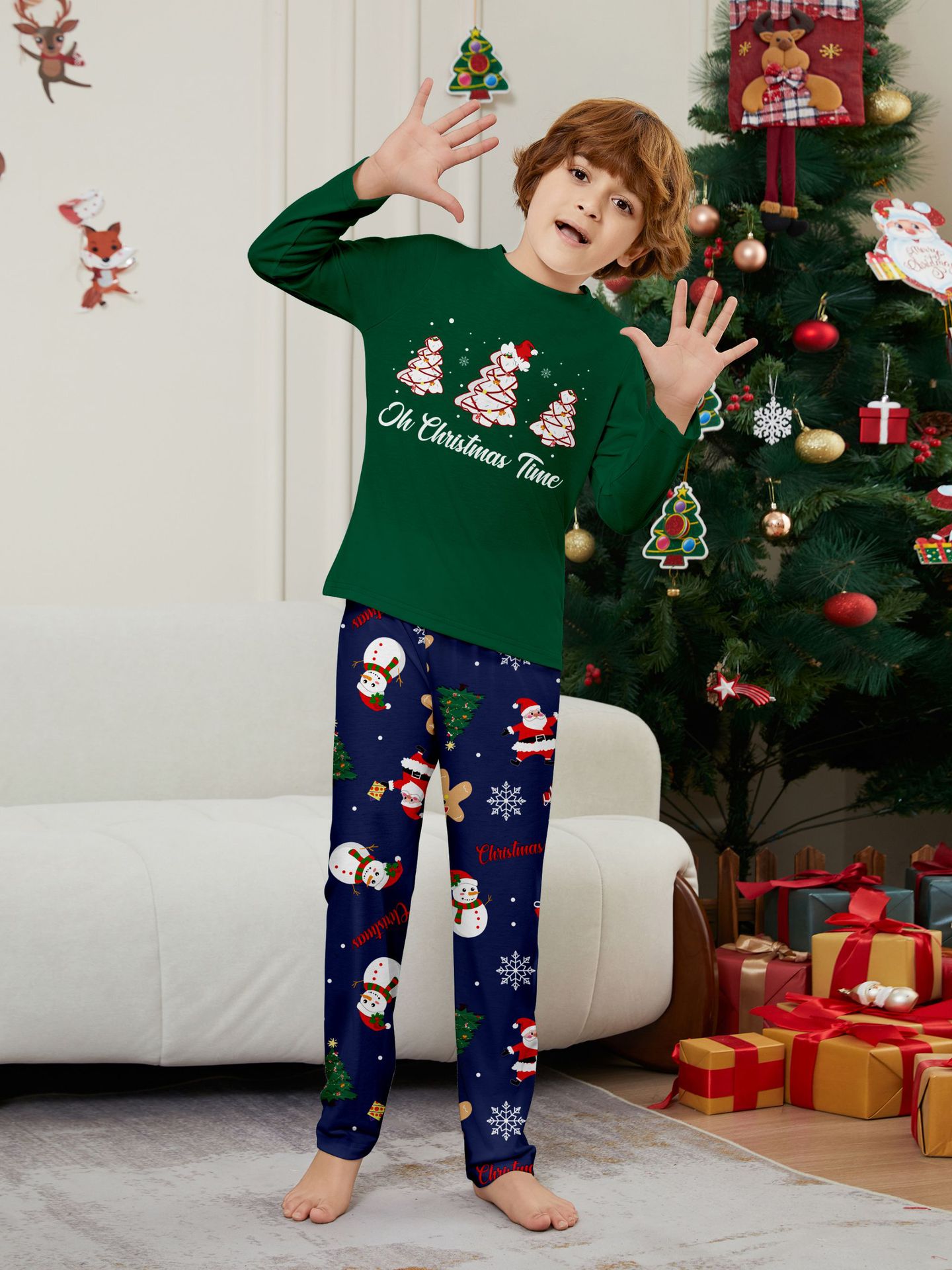 Green Christmas Tree Snowman Family Matching Pajamas