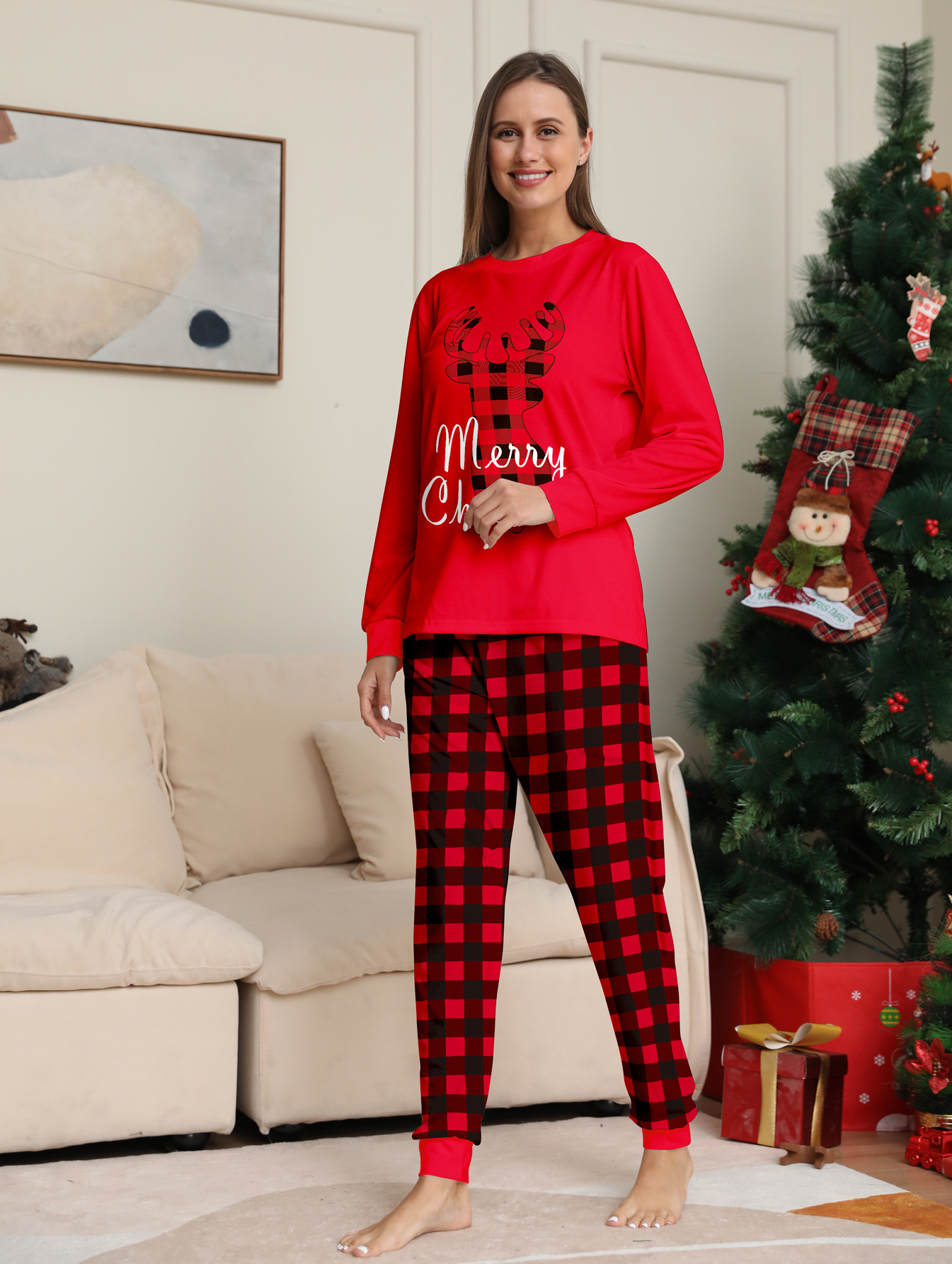 Red Buffalo‑Plaid Reindeer Letter Family Matching Pajamas