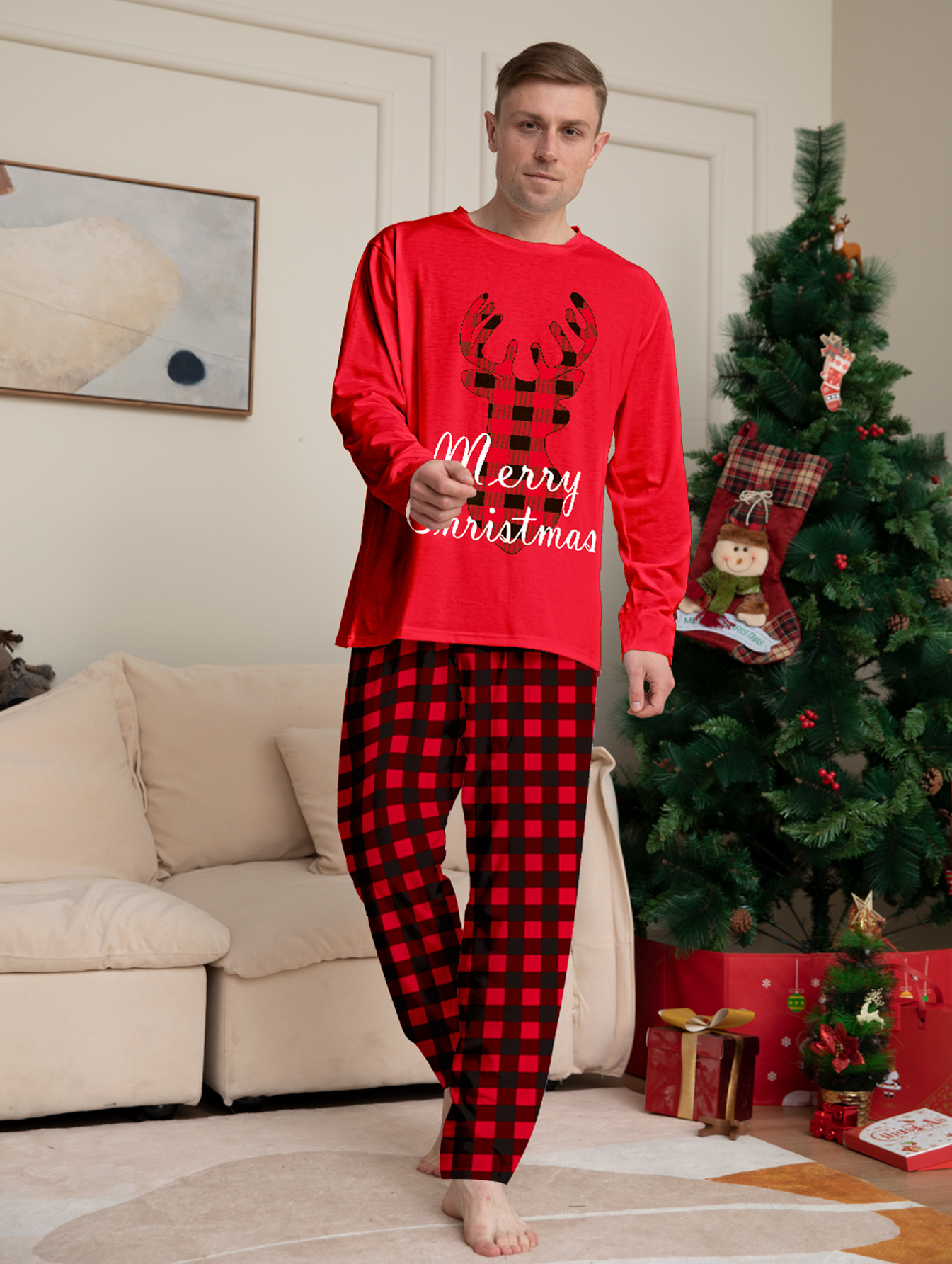 Red Buffalo‑Plaid Reindeer Letter Family Matching Pajamas
