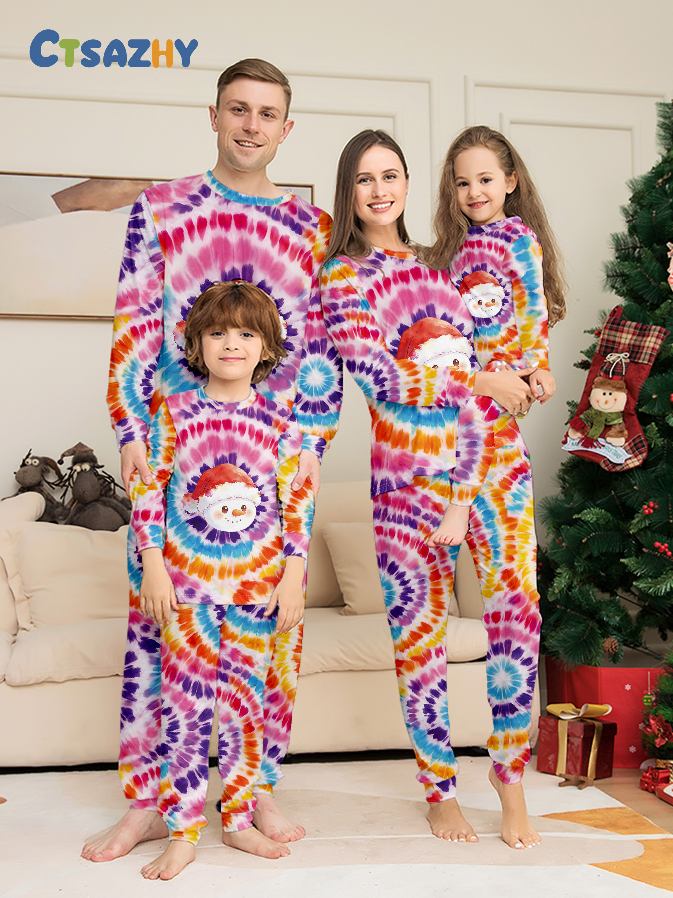 Tie‑Dye Santa Snowman Family Matching Pajamas