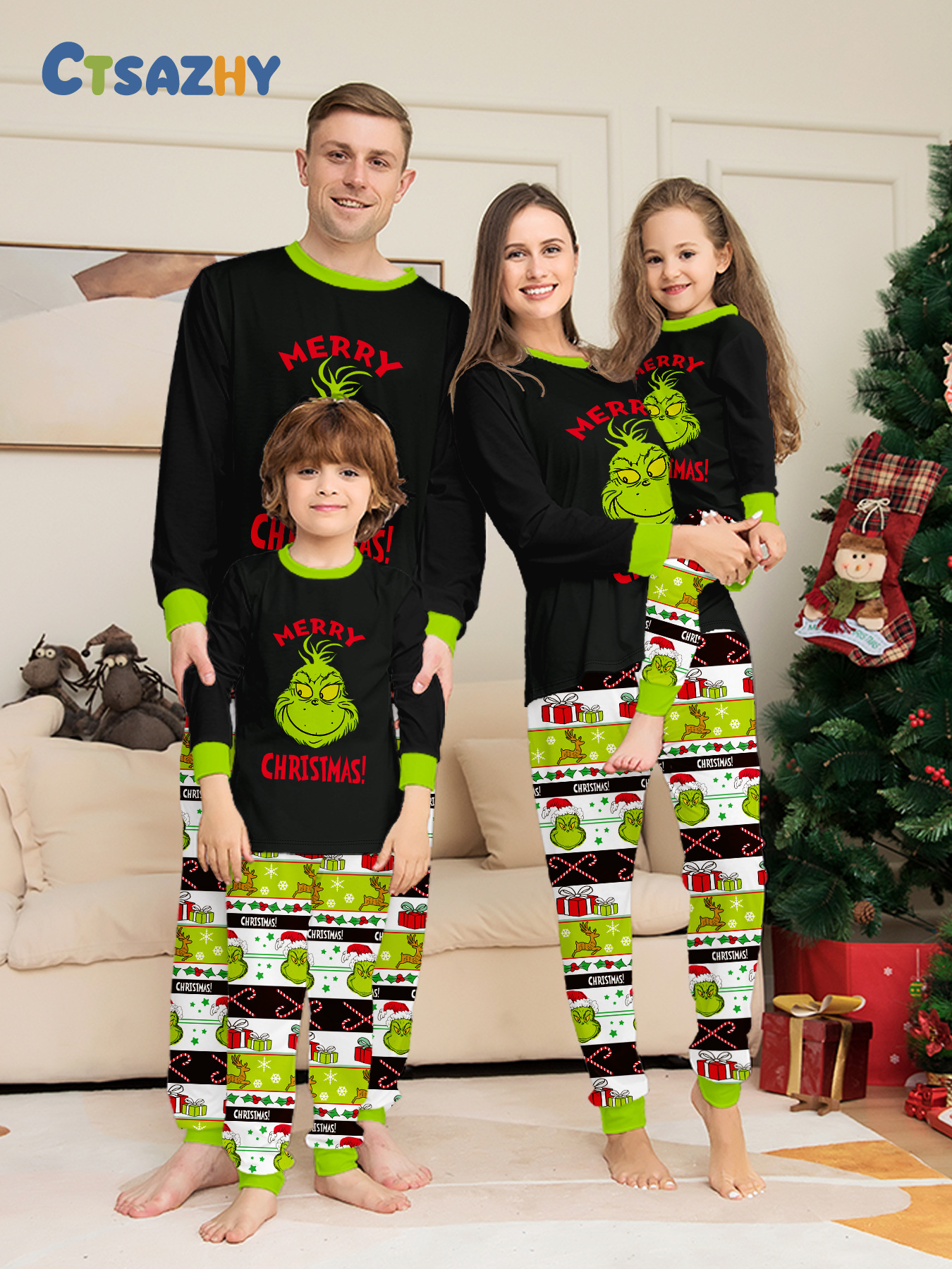 Black‑Green Grinch Gift Box Print Family Matching Pajamas