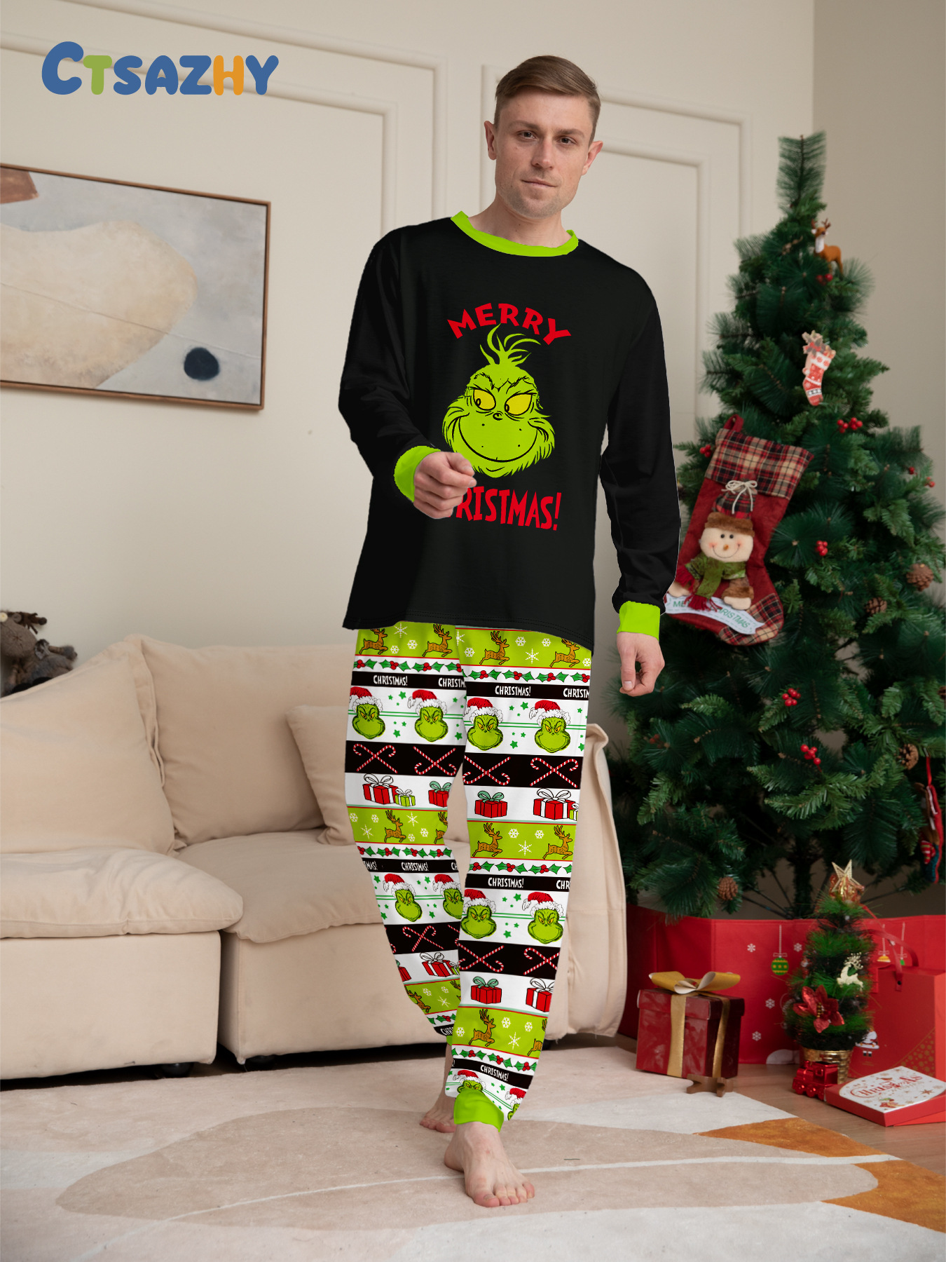 Black‑Green Grinch Gift Box Print Family Matching Pajamas