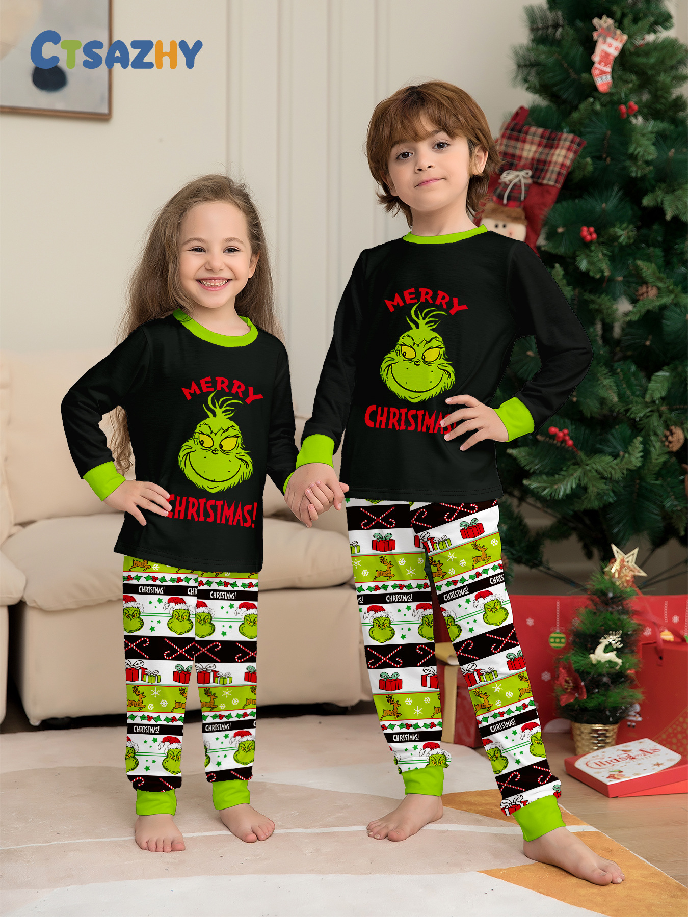 Black‑Green Grinch Gift Box Print Family Matching Pajamas
