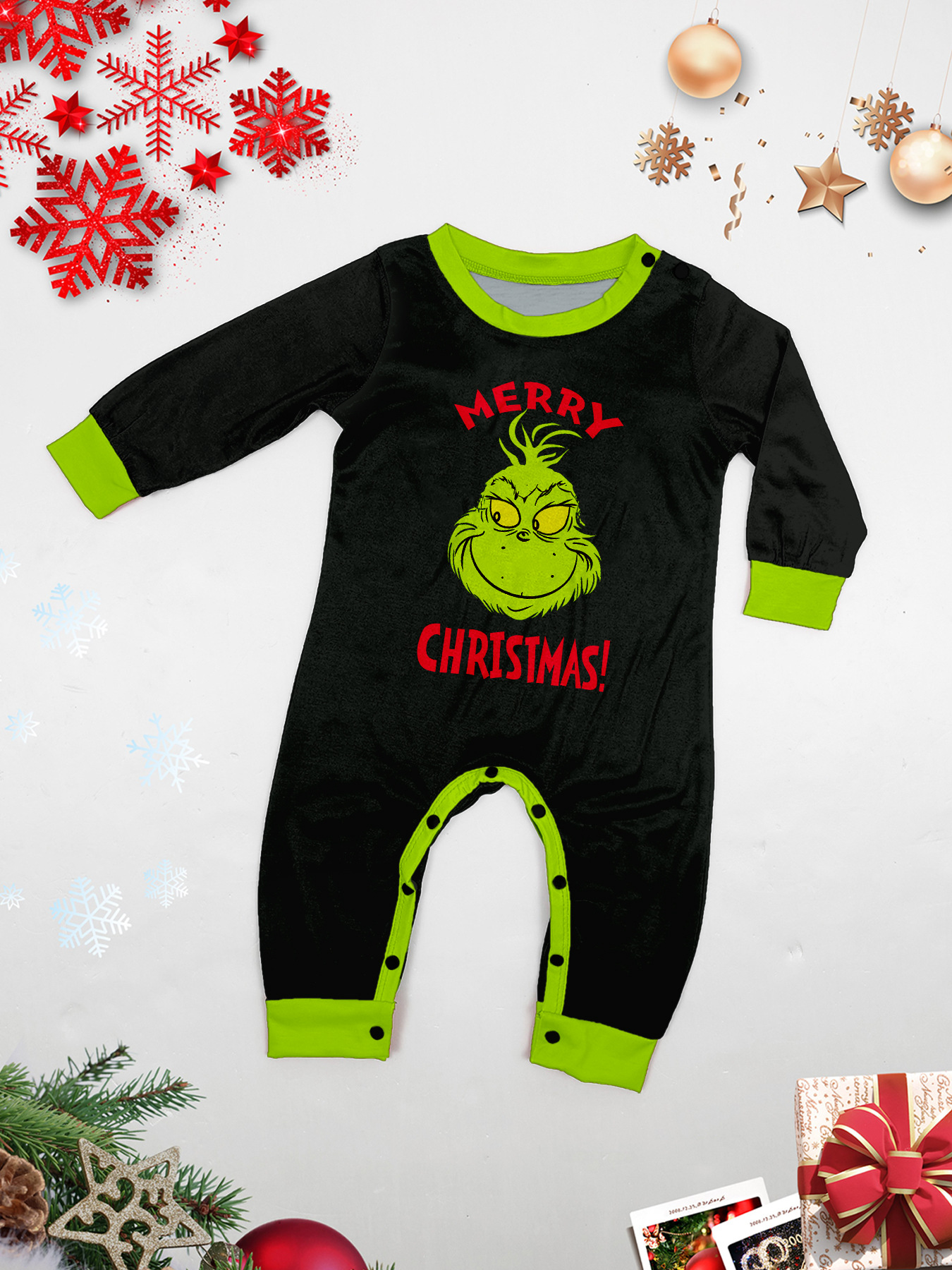 Black‑Green Grinch Gift Box Print Family Matching Pajamas