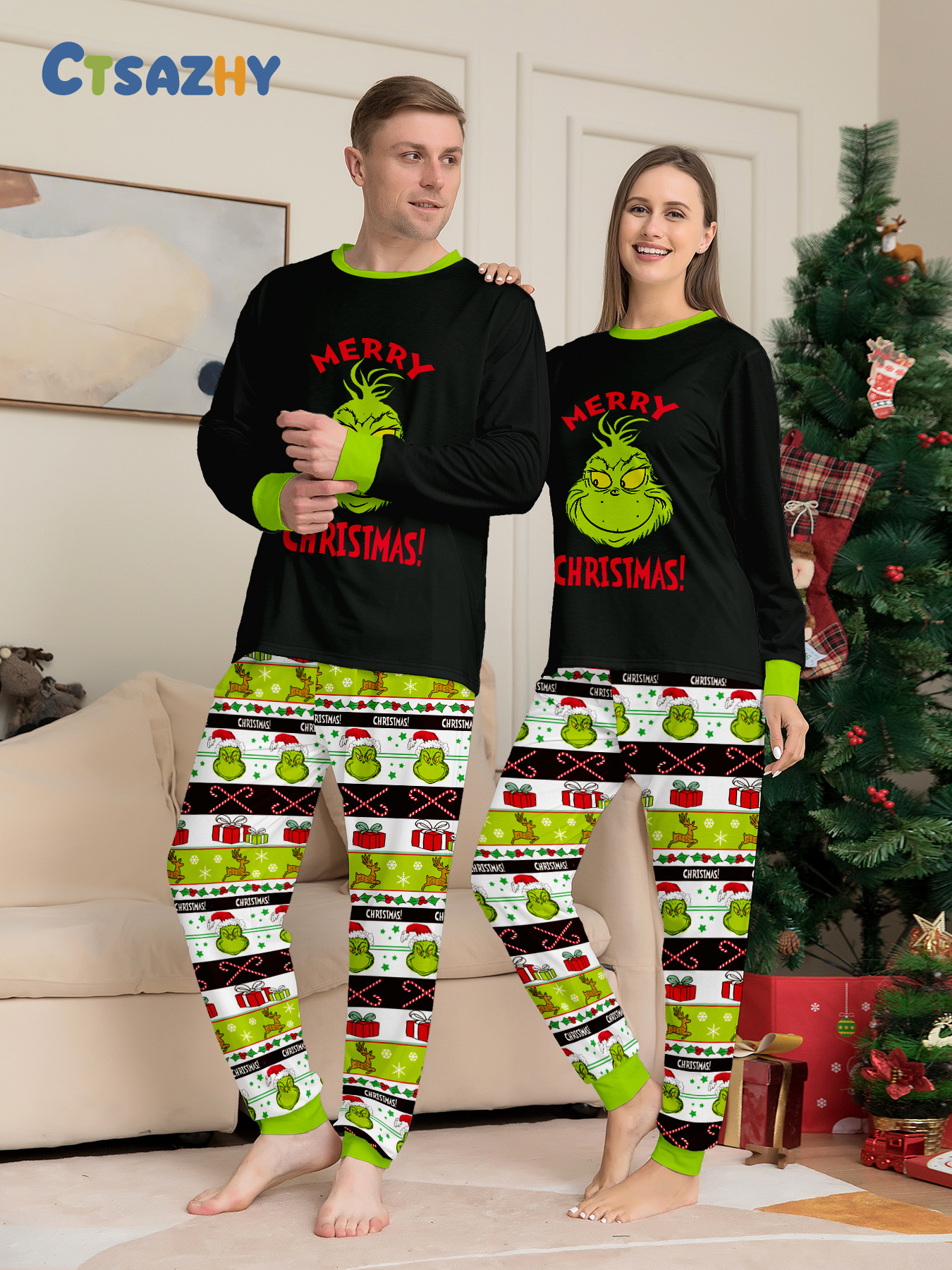 Black‑Green Grinch Gift Box Print Family Matching Pajamas