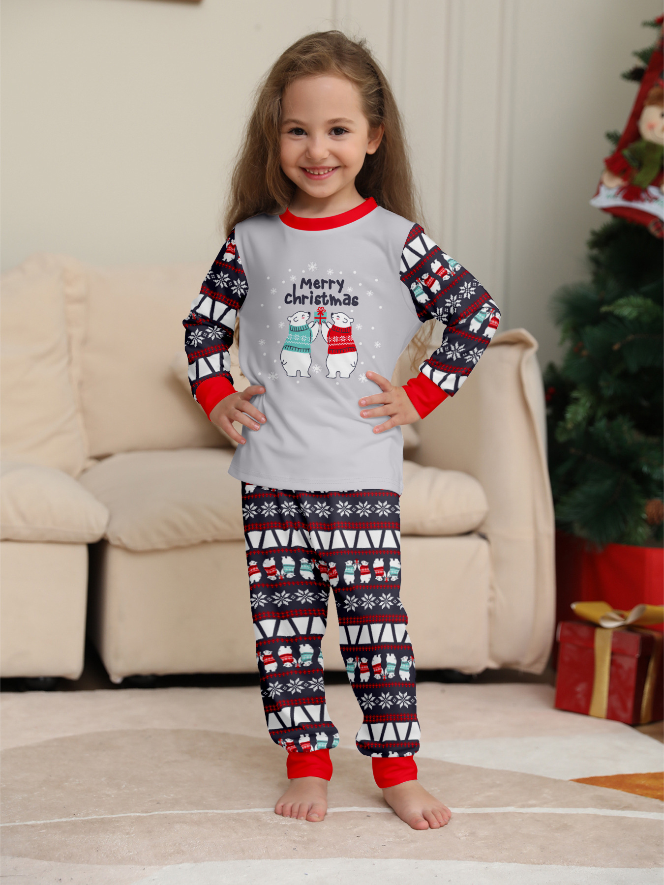 Grey Polar Bear Christmas Print Family Matching Pajamas——Kids