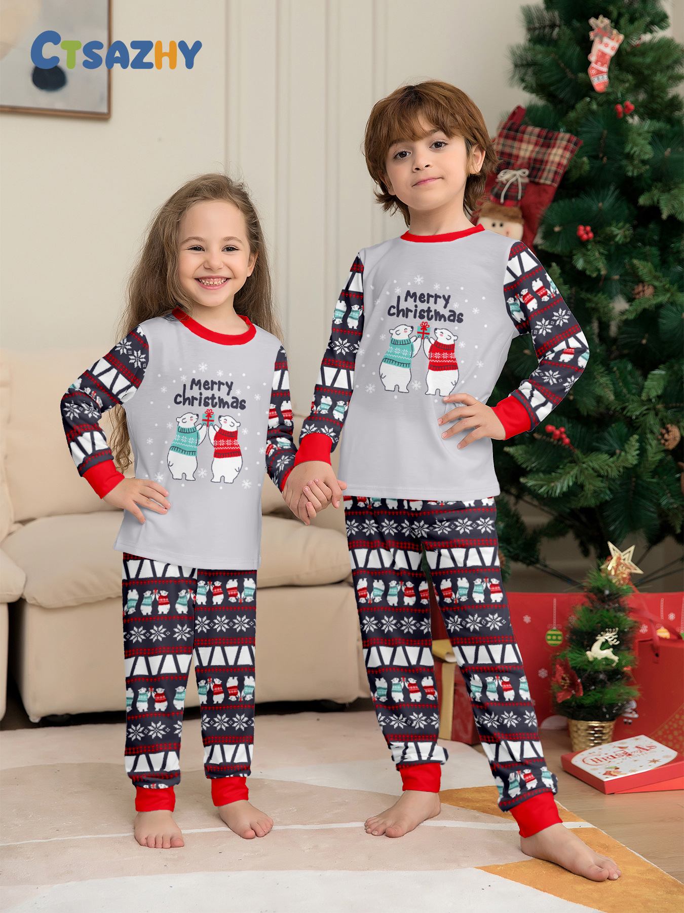Grey Polar Bear Christmas Print Family Matching Pajamas——Kids