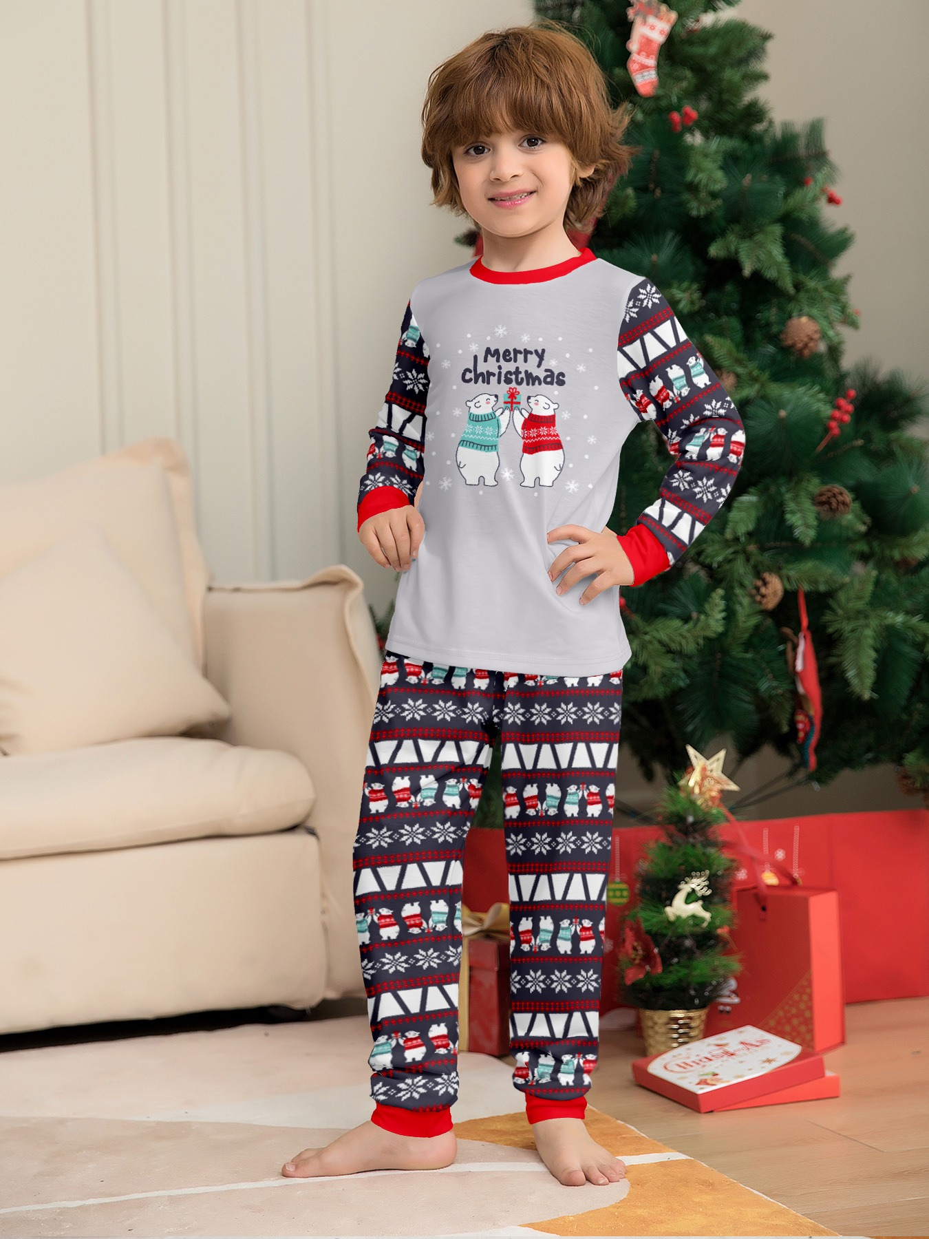 Grey Polar Bear Christmas Print Family Matching Pajamas——Kids
