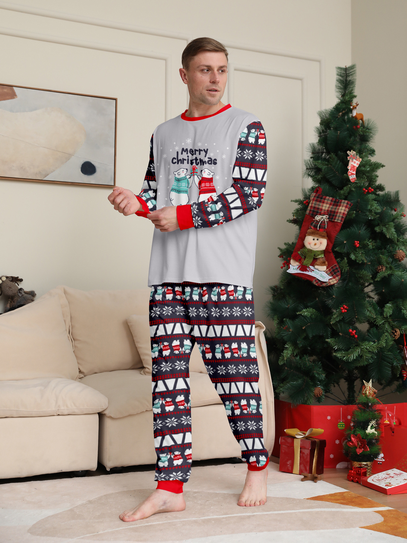 Grey Polar Bear Christmas Print Family Matching Pajamas——Father