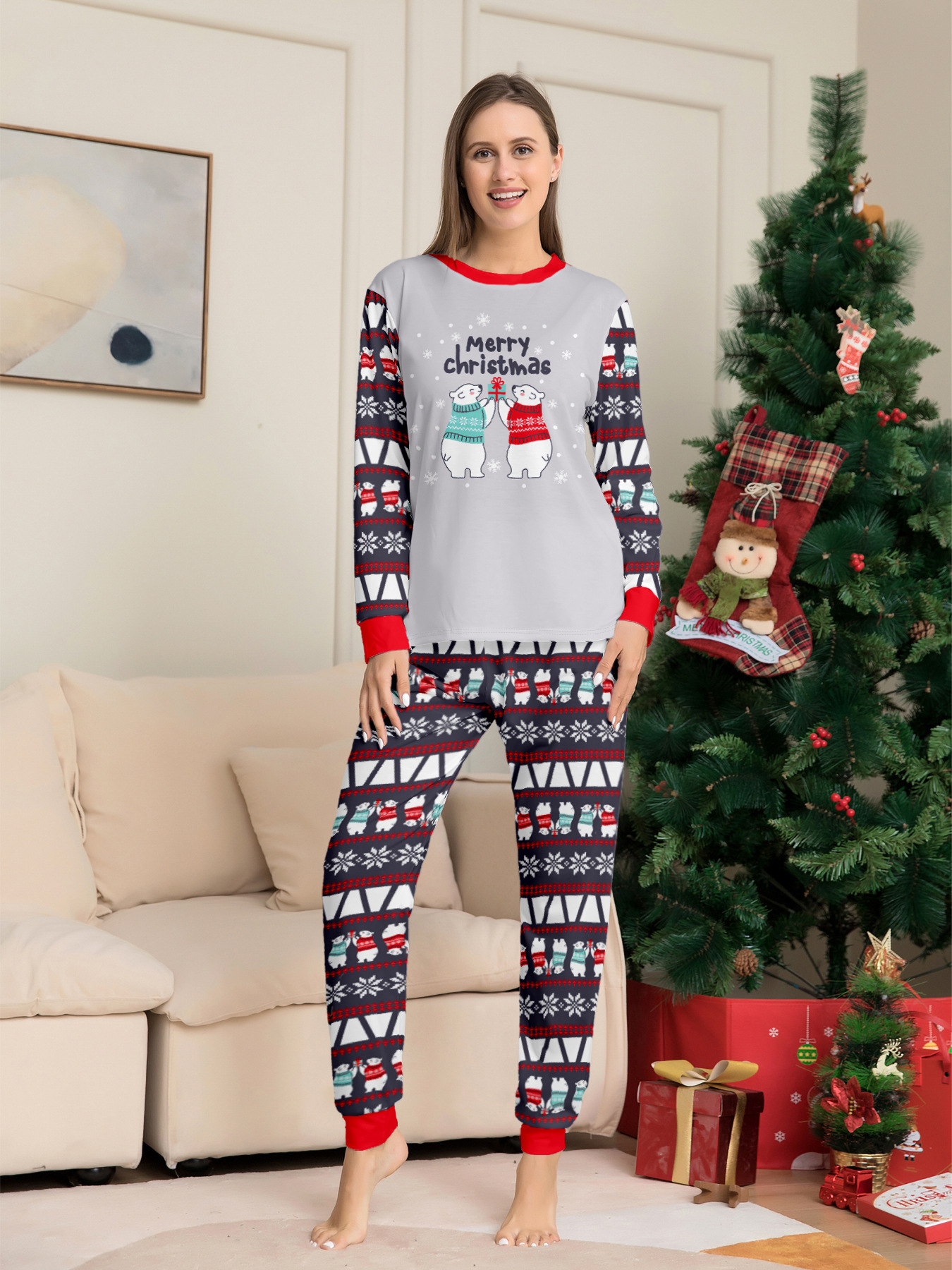 [Copy]Grey Polar Bear Christmas Print Family Matching Pajamas——Mother