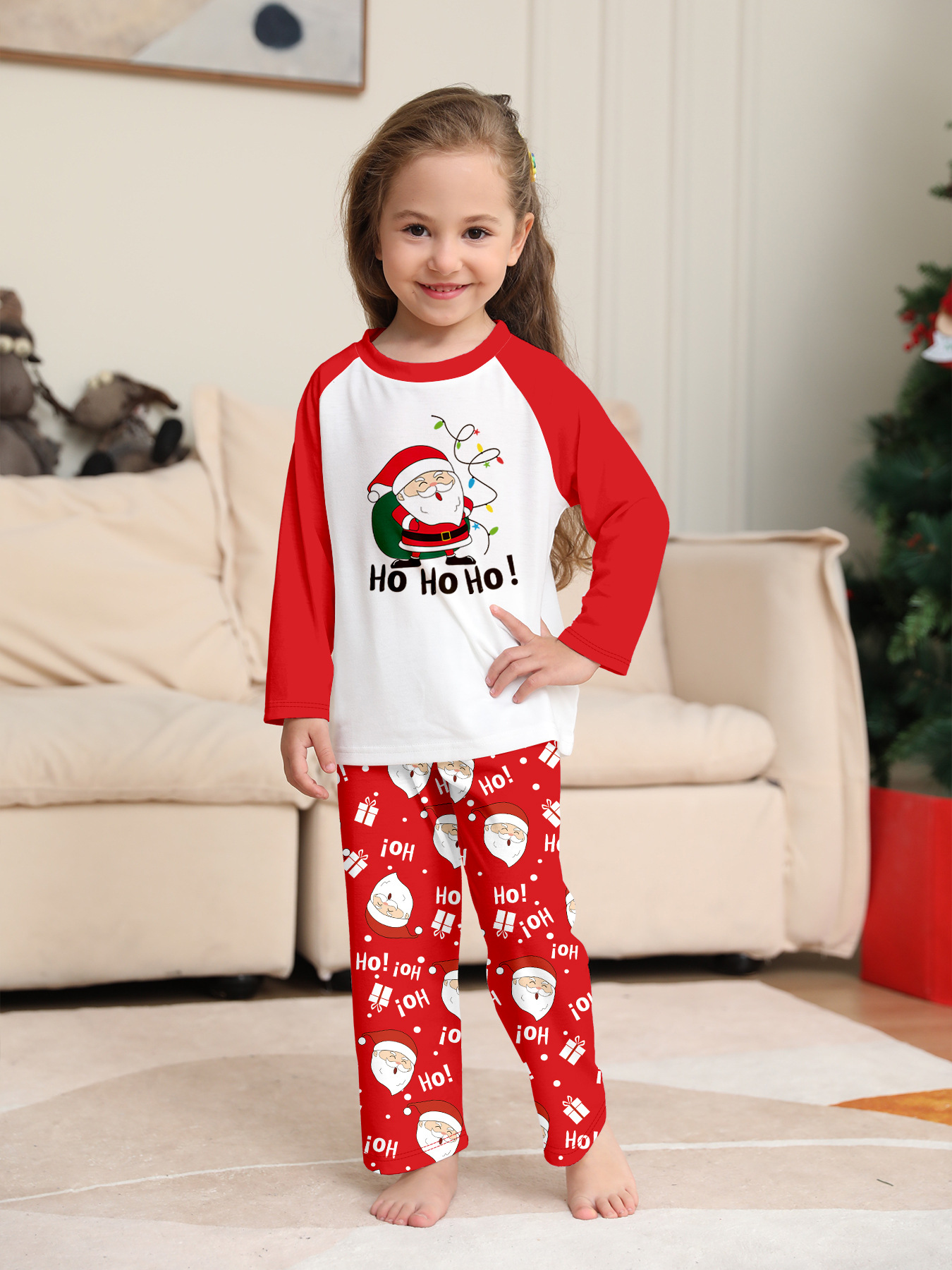 Red White Raglan Santa Print Family Matching Pajamas