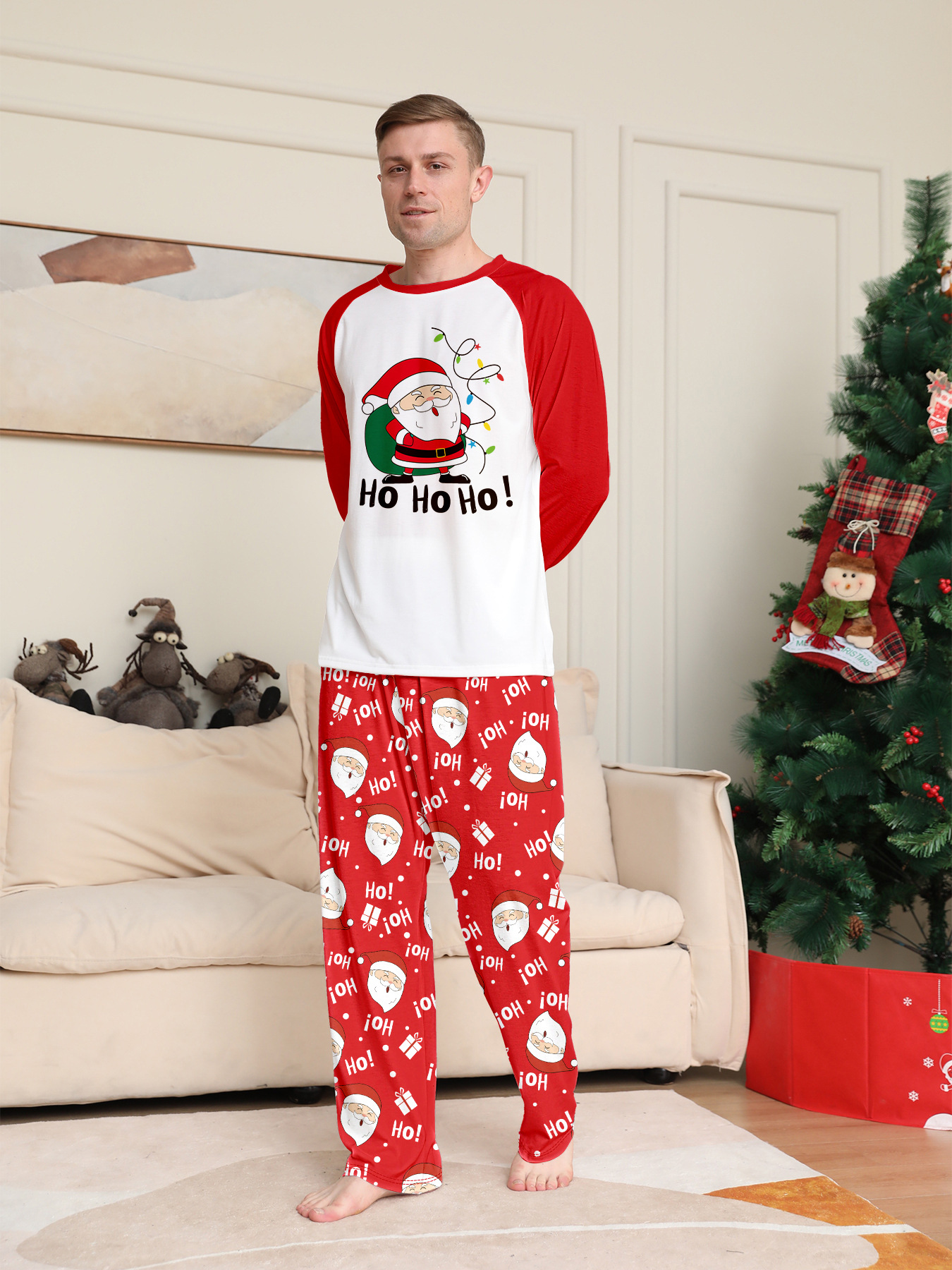 Red White Raglan Santa Print Family Matching Pajamas