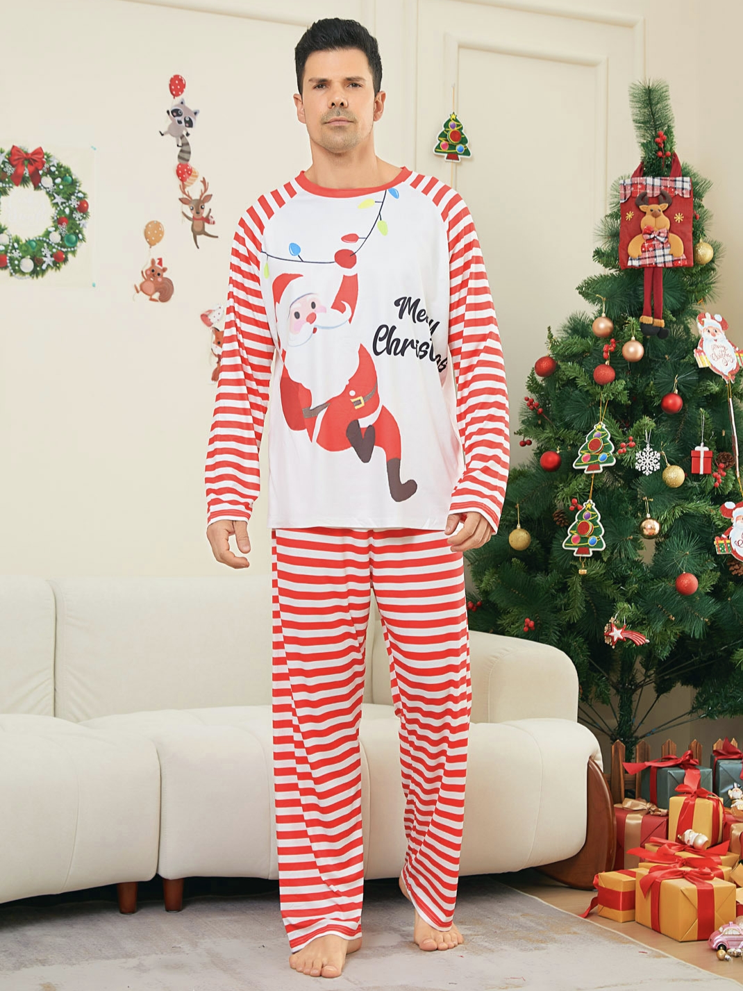 Red White Striped Santa Family Matching Pajamas