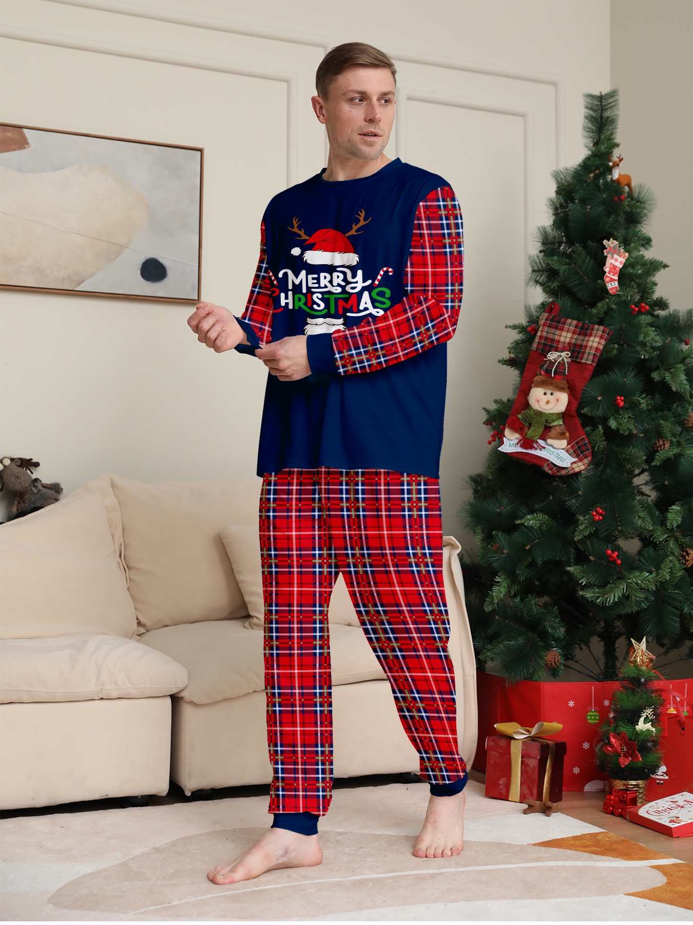 Navy Red Plaid Reindeer Family Matching Pajamas