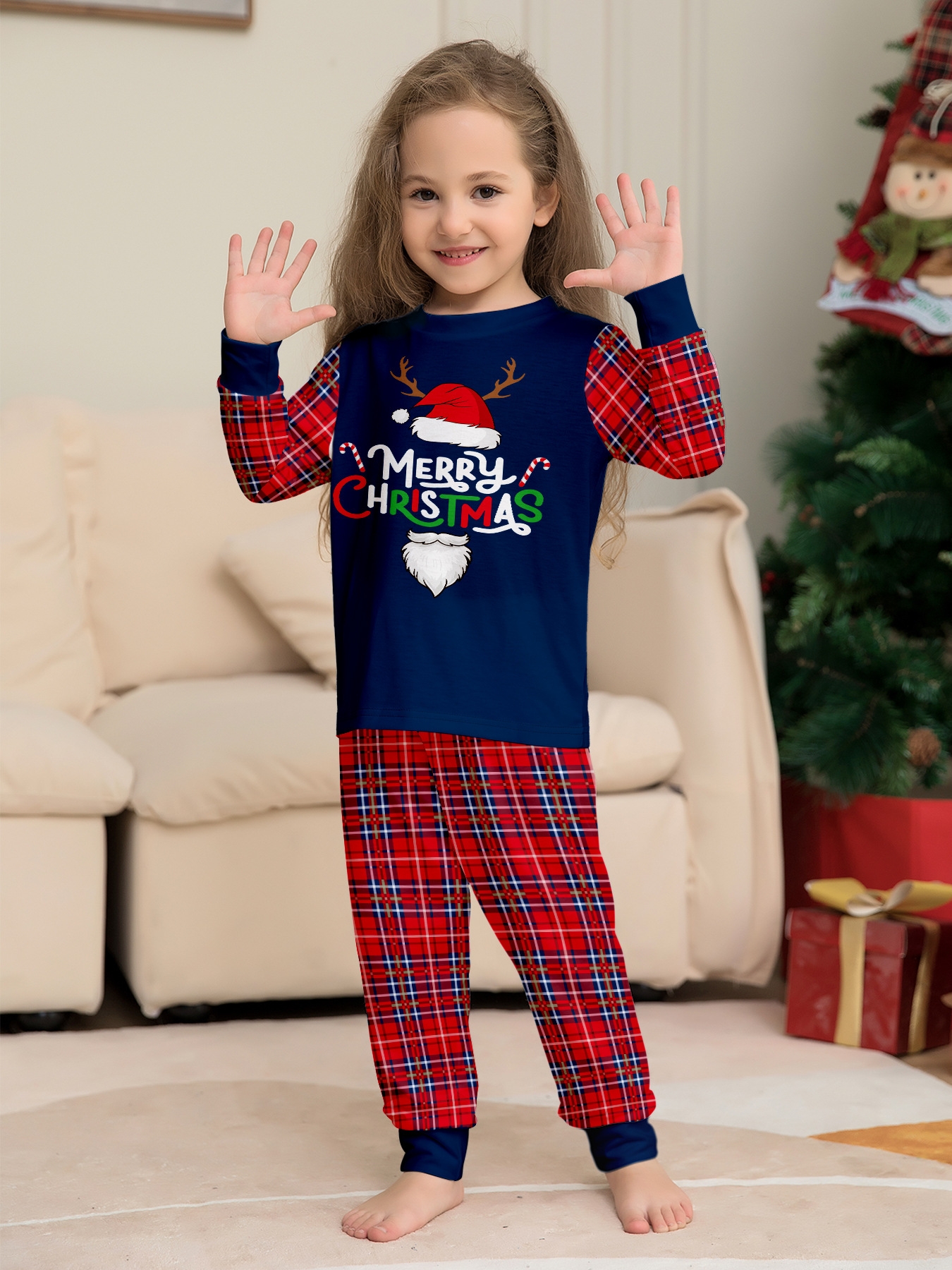 Navy Red Plaid Reindeer Family Matching Pajamas