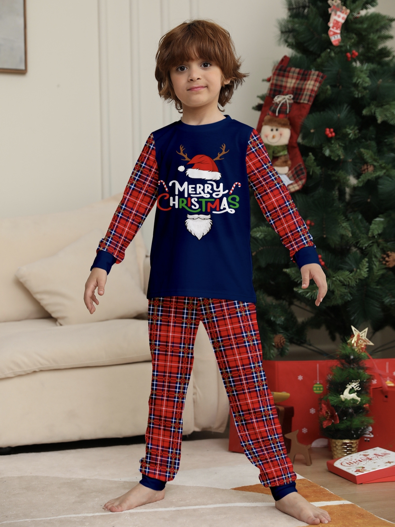 Navy Red Plaid Reindeer Family Matching Pajamas