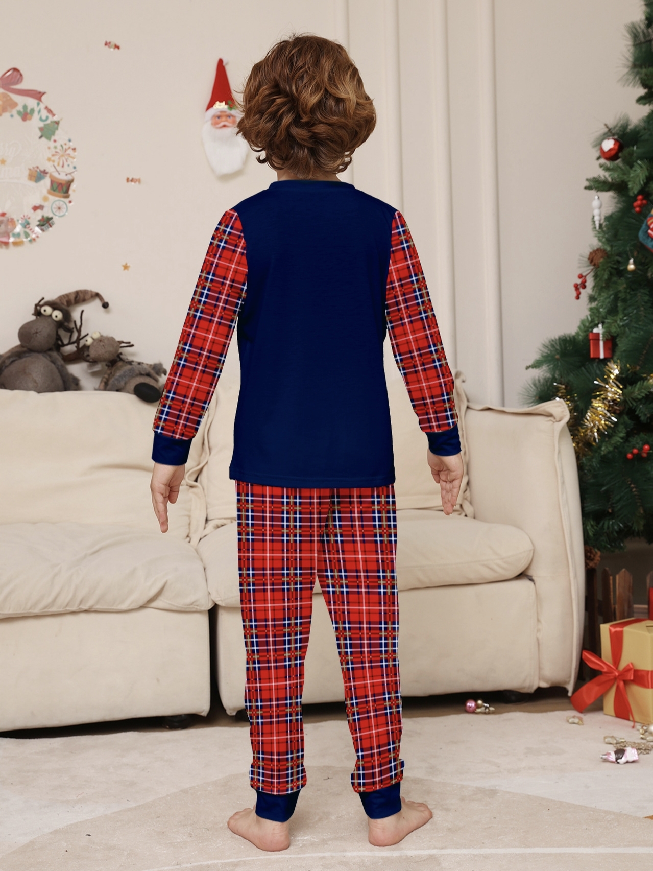 Navy Red Plaid Reindeer Family Matching Pajamas