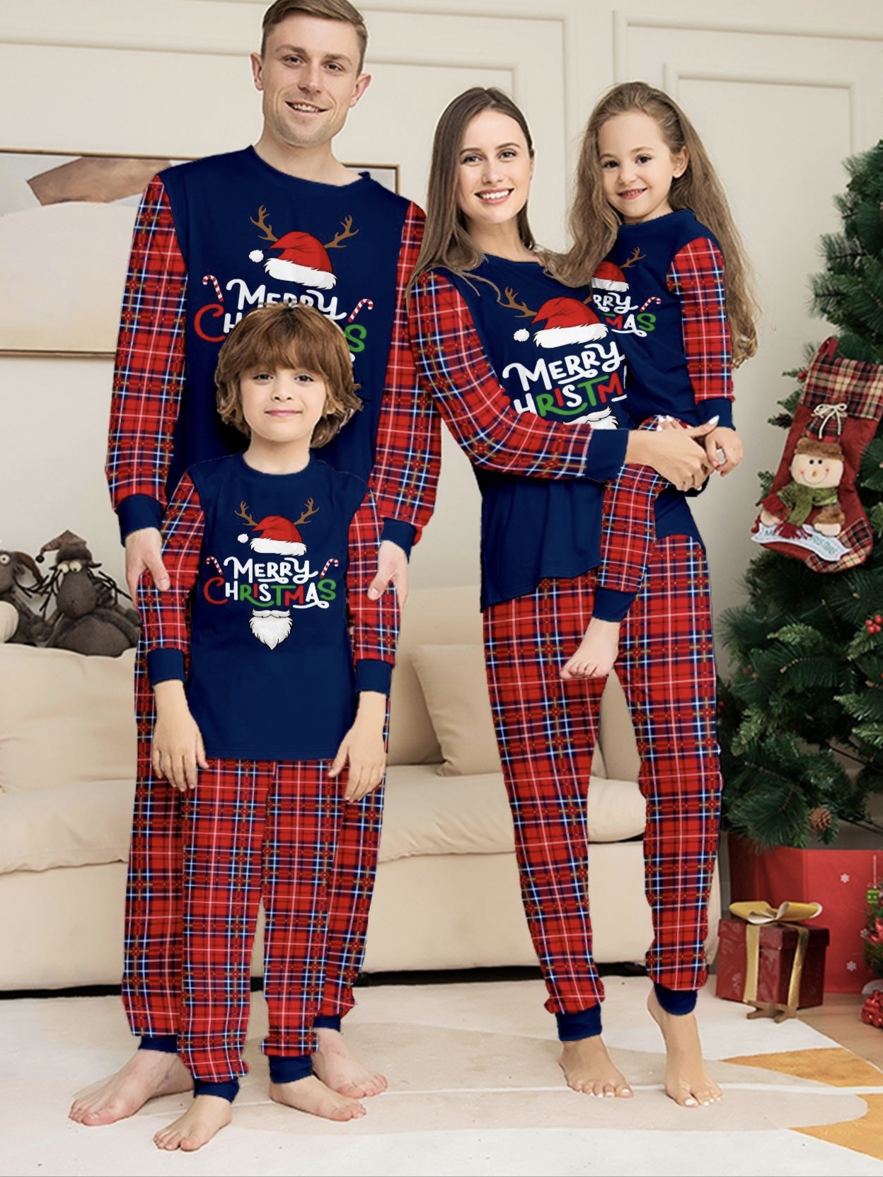 Navy Red Plaid Reindeer Family Matching Pajamas