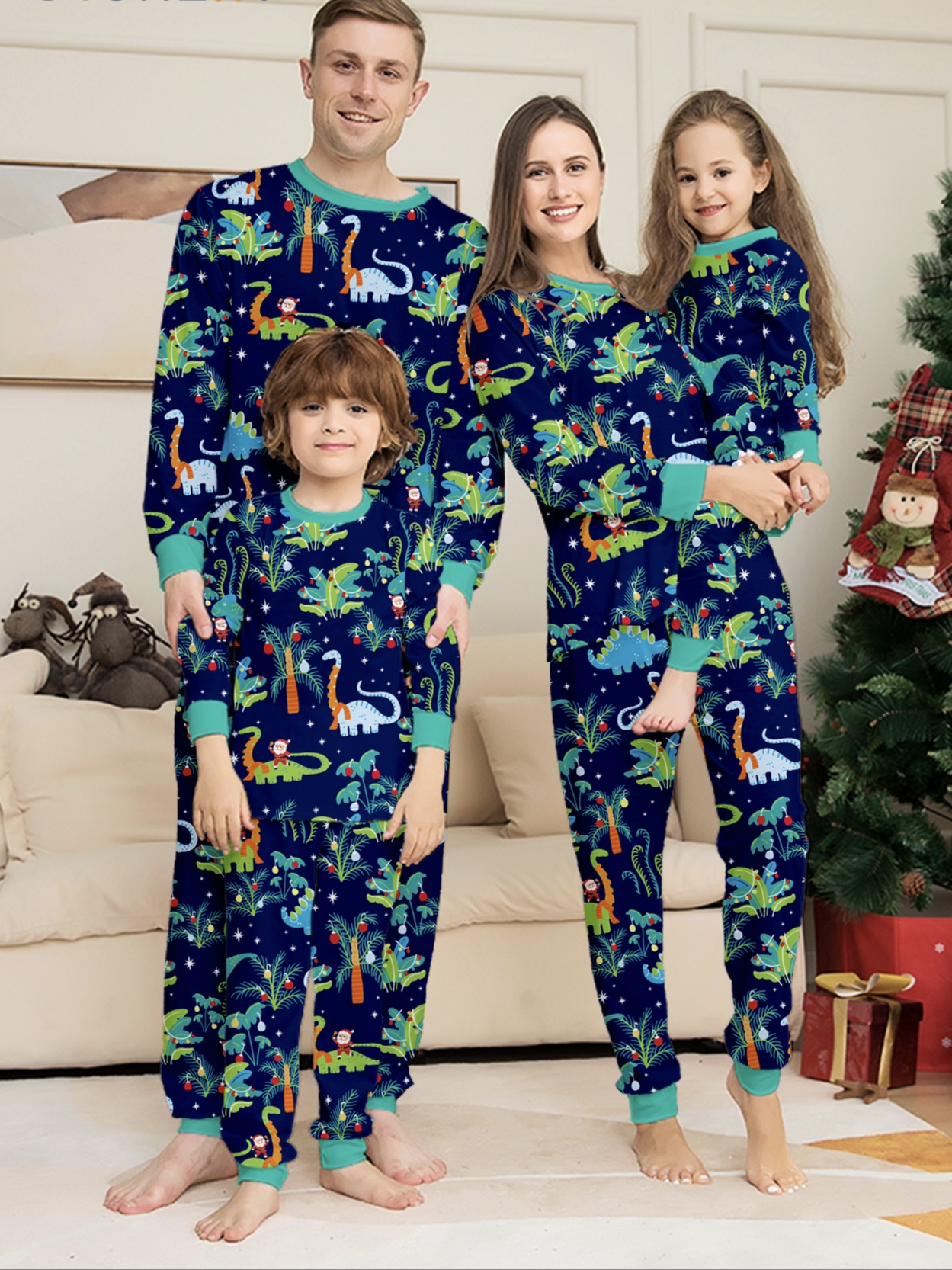 Navy Cartoon Dinosaur Christmas Family Matching Pajamas