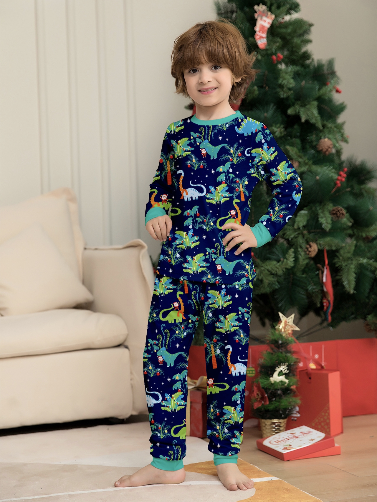 Navy Cartoon Dinosaur Christmas Family Matching Pajamas