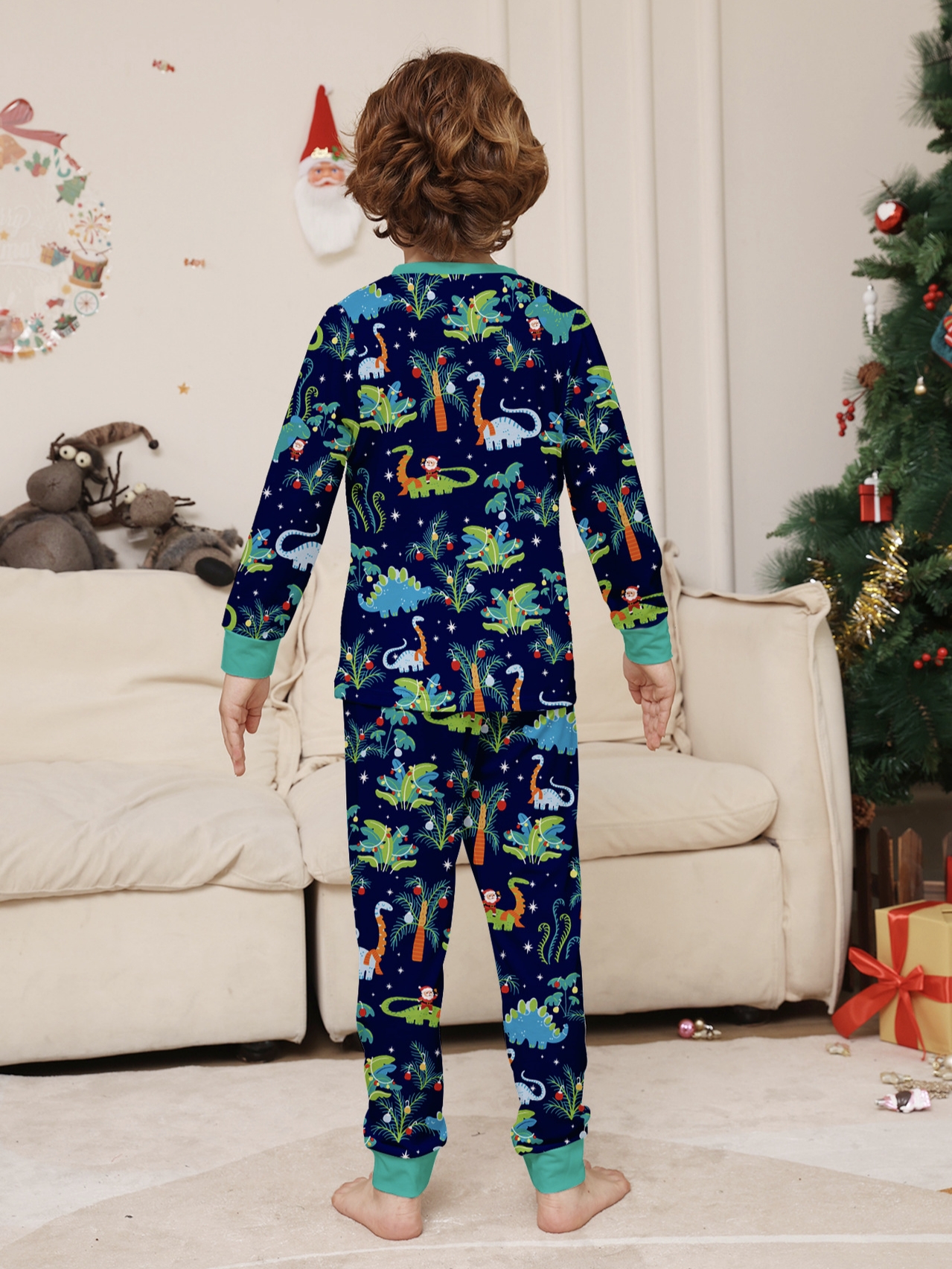 Navy Cartoon Dinosaur Christmas Family Matching Pajamas