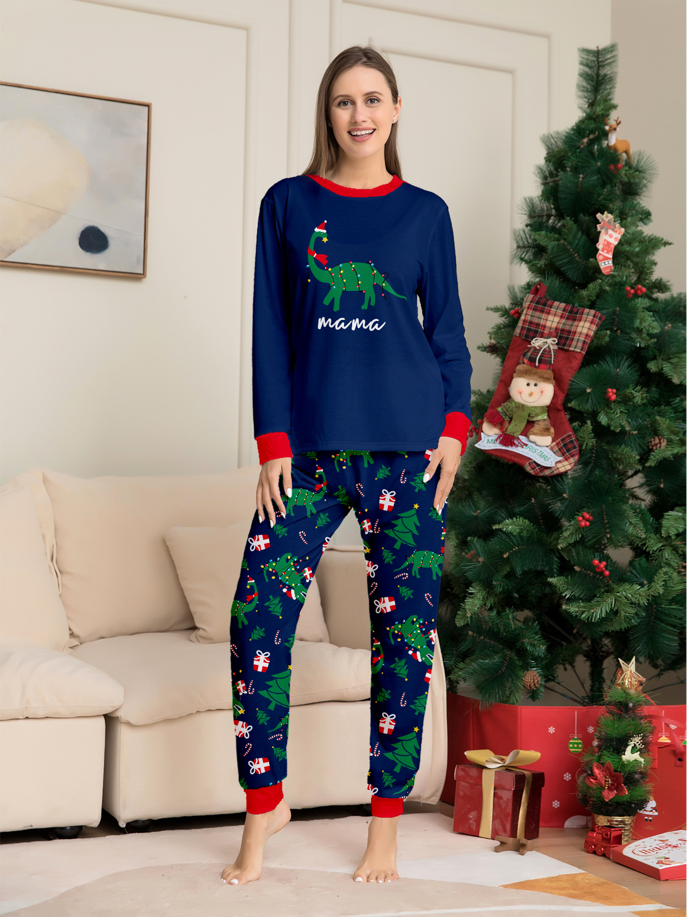 Navy Dinosaur Christmas Print Family Matching Pajamas