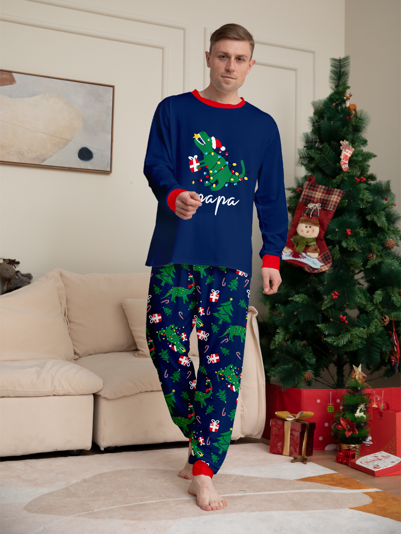 Navy Dinosaur Christmas Print Family Matching Pajamas